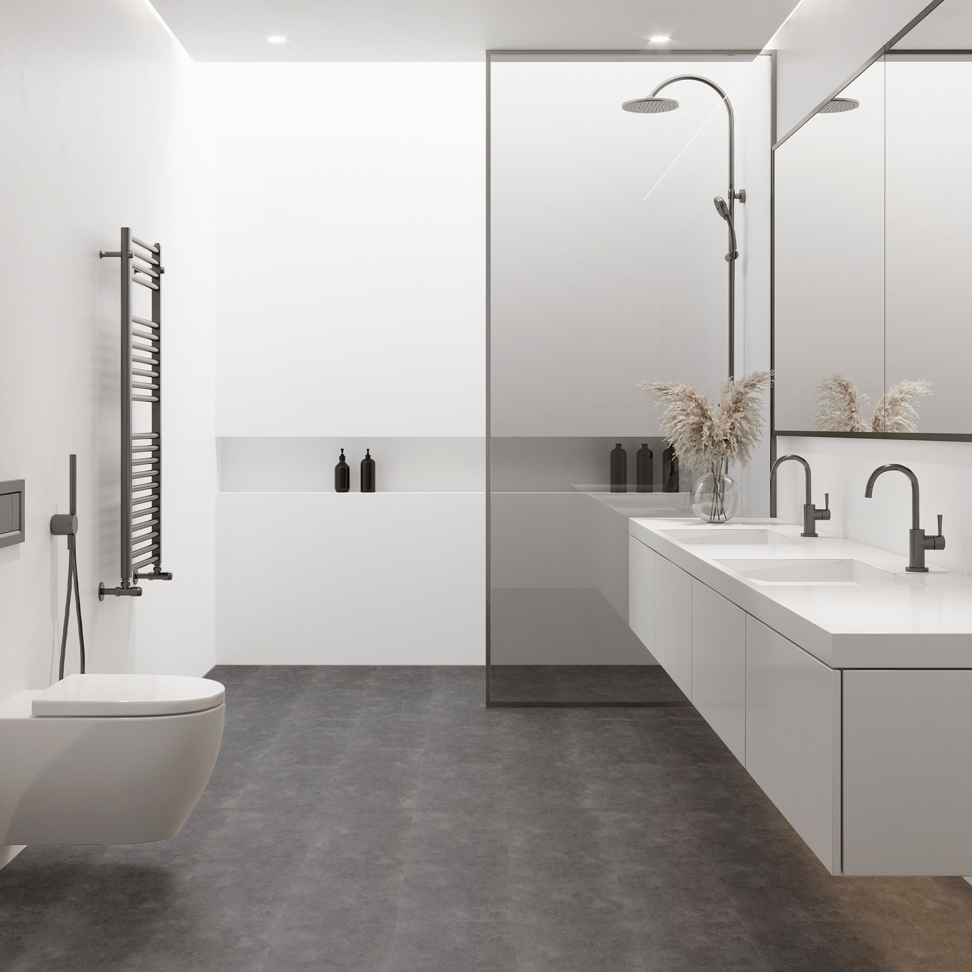 Helles Badezimmer mit Dusche, Waschbecken und dekorativen Pflanzen.