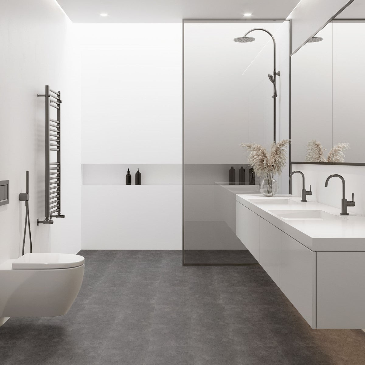 Lichte badkamer met douche, wastafel en decoratieve planten.