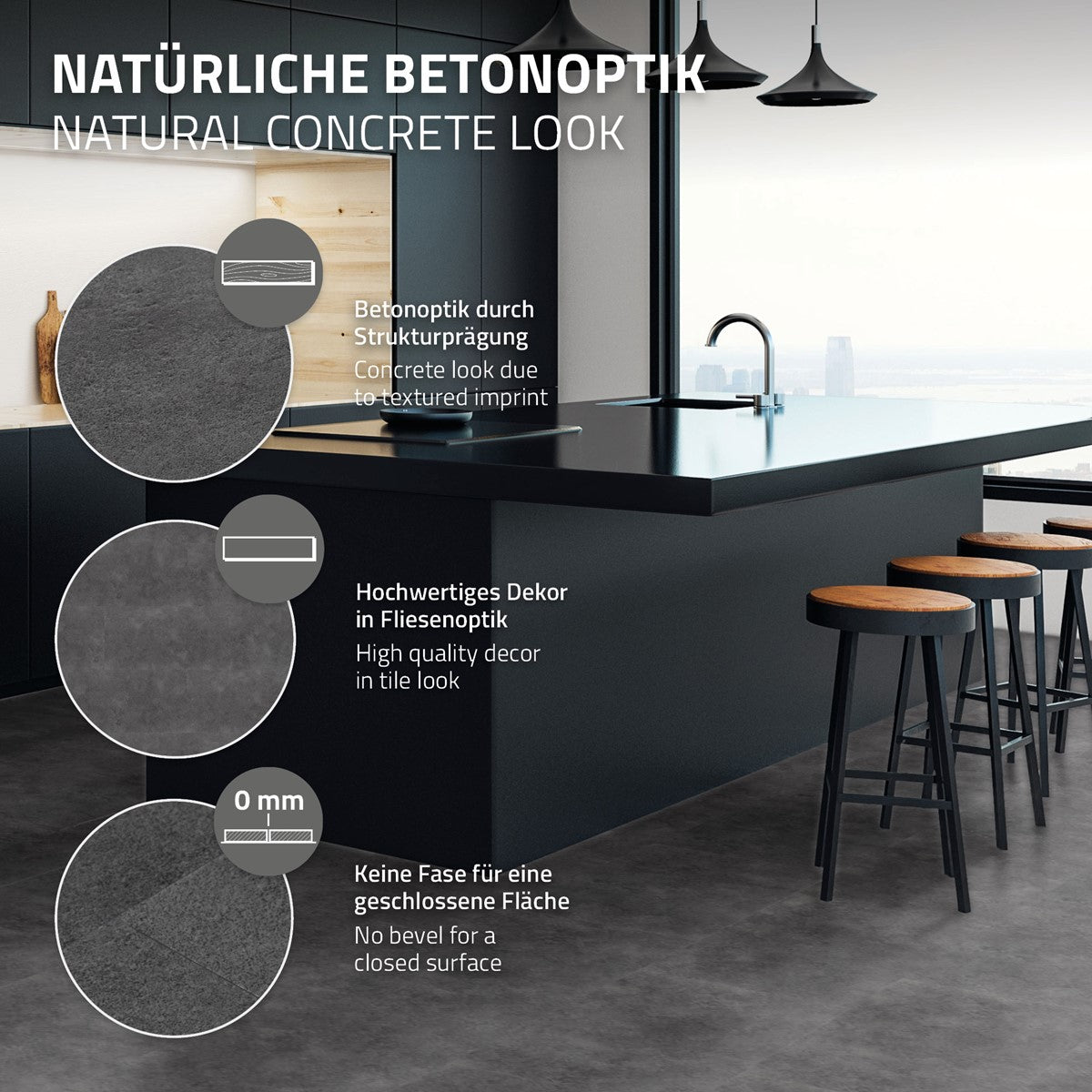 Detaljer om köksöns betonglook, ingen fas på kanten.