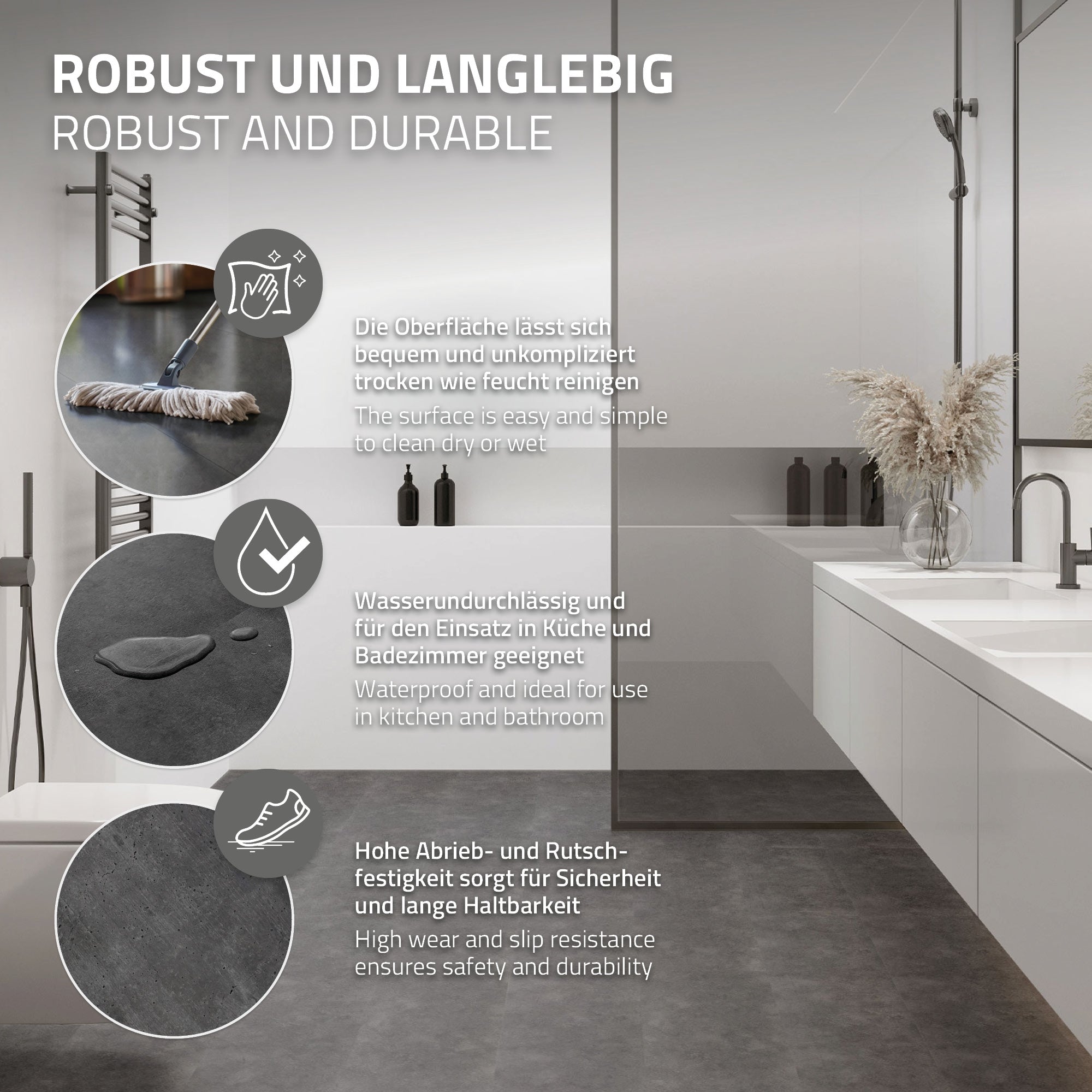 Moderne Badezimmeransicht mit Dusche, Waschbecken und Handtuchheizkörper.