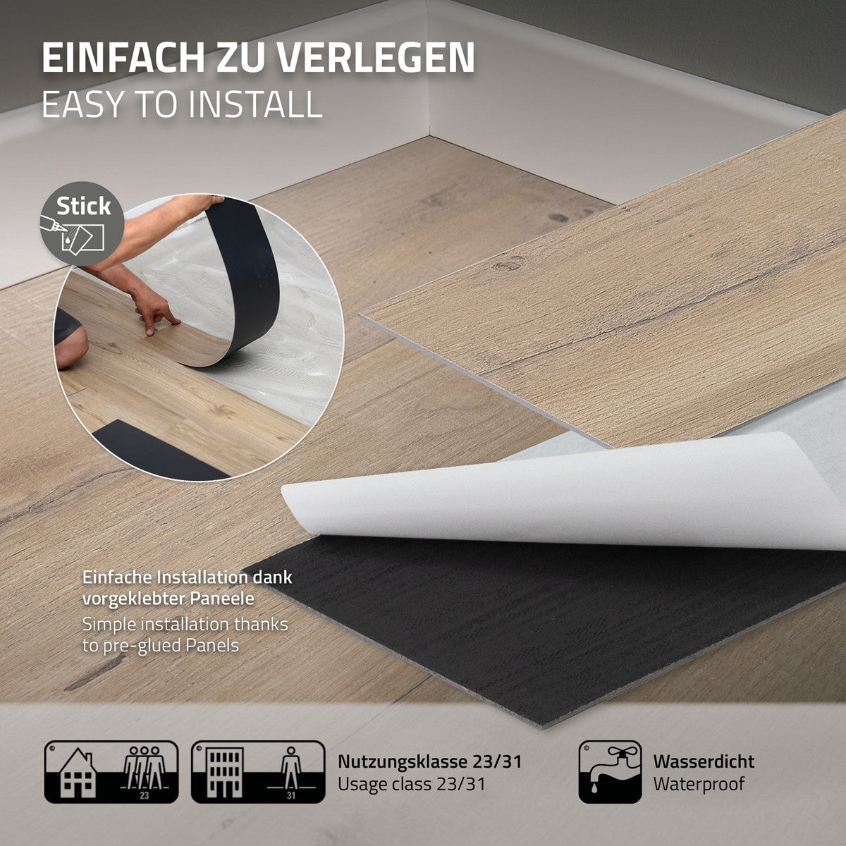 Grafik som visar hur enkelt det är att lägga vinylgolvspaneler.