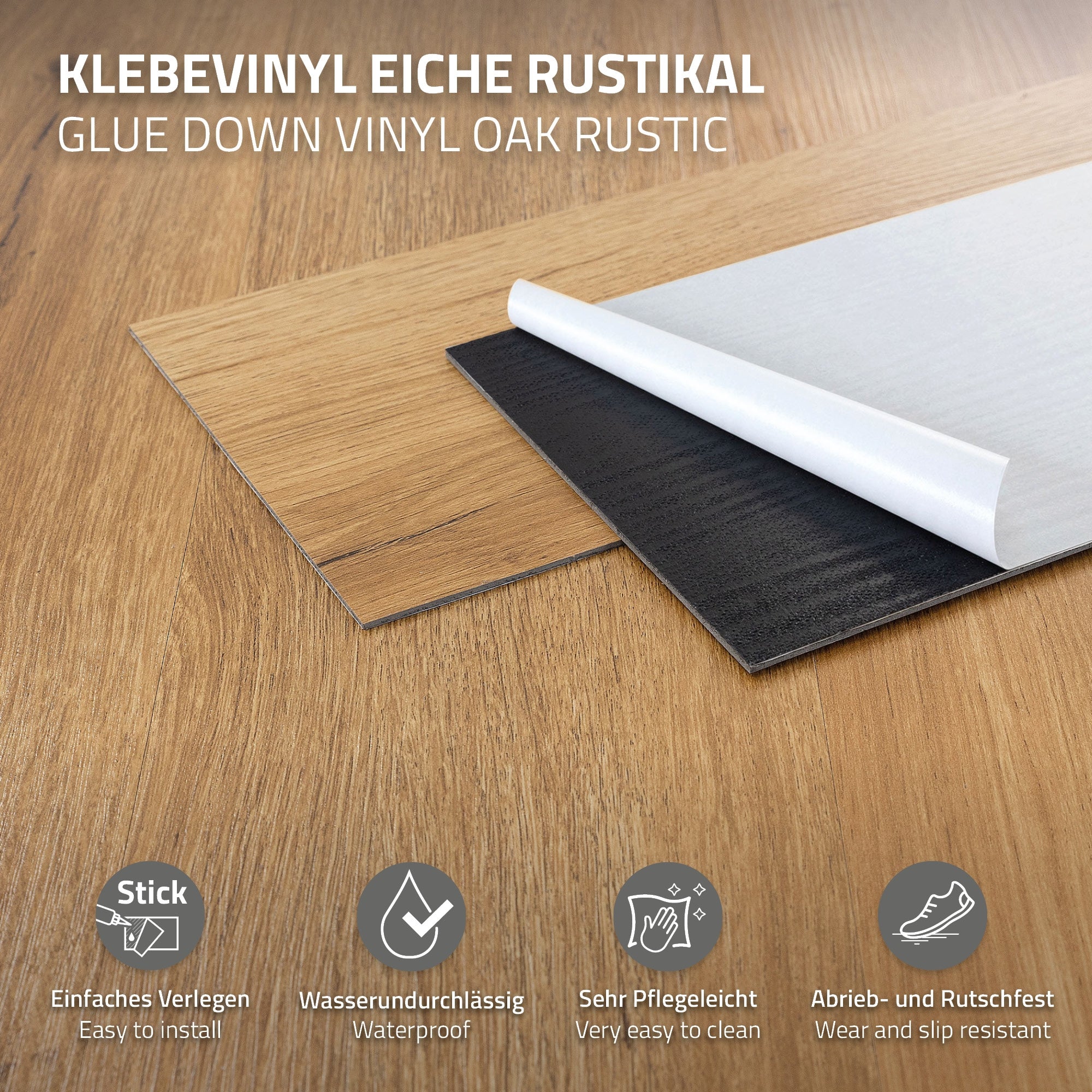Klebeboden aus Eiche rustikal, mit schwarzer Rückseite und Pflegehinweisen.