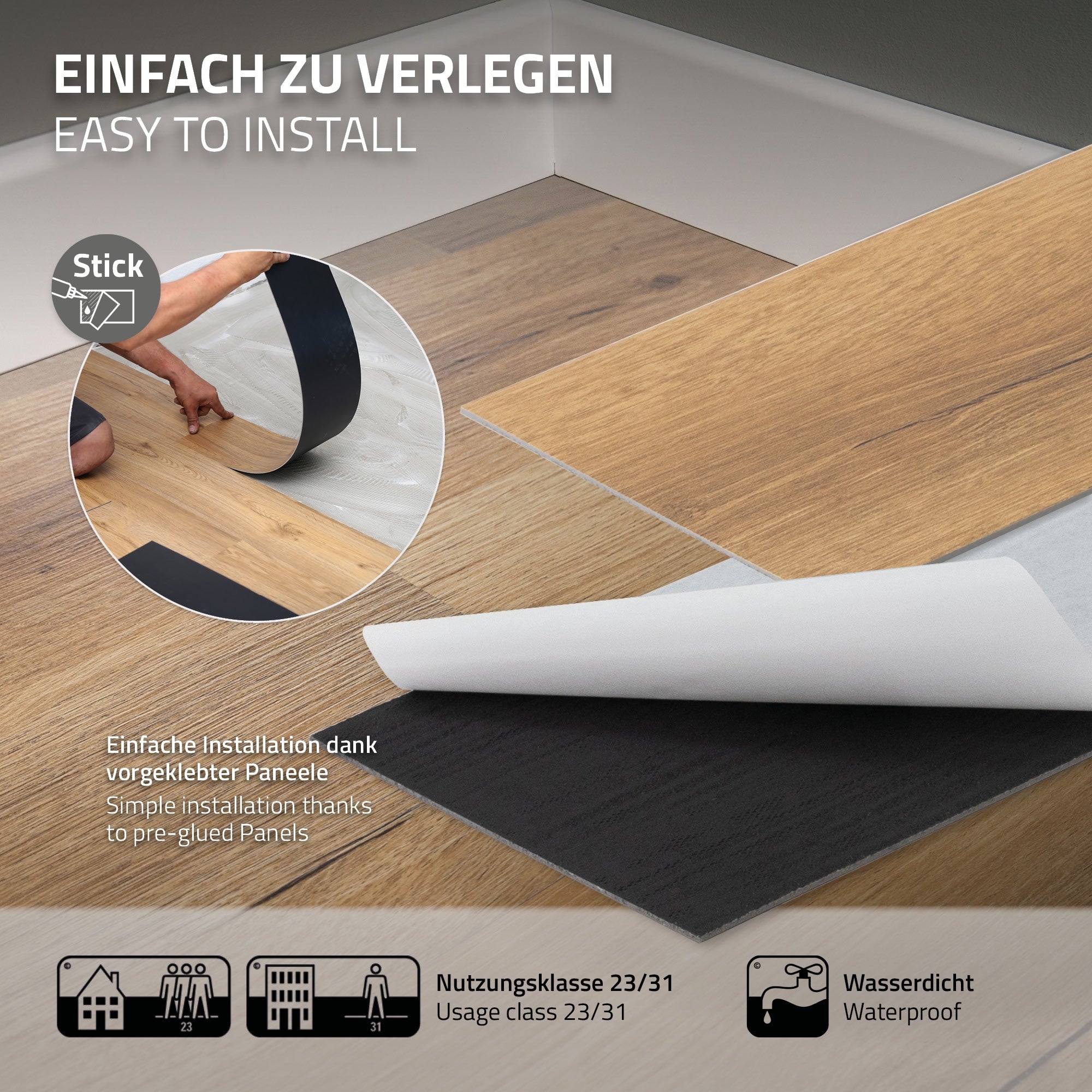 Bodenbelag mit vorgeklebt Paneelen auf Holzuntergrund.