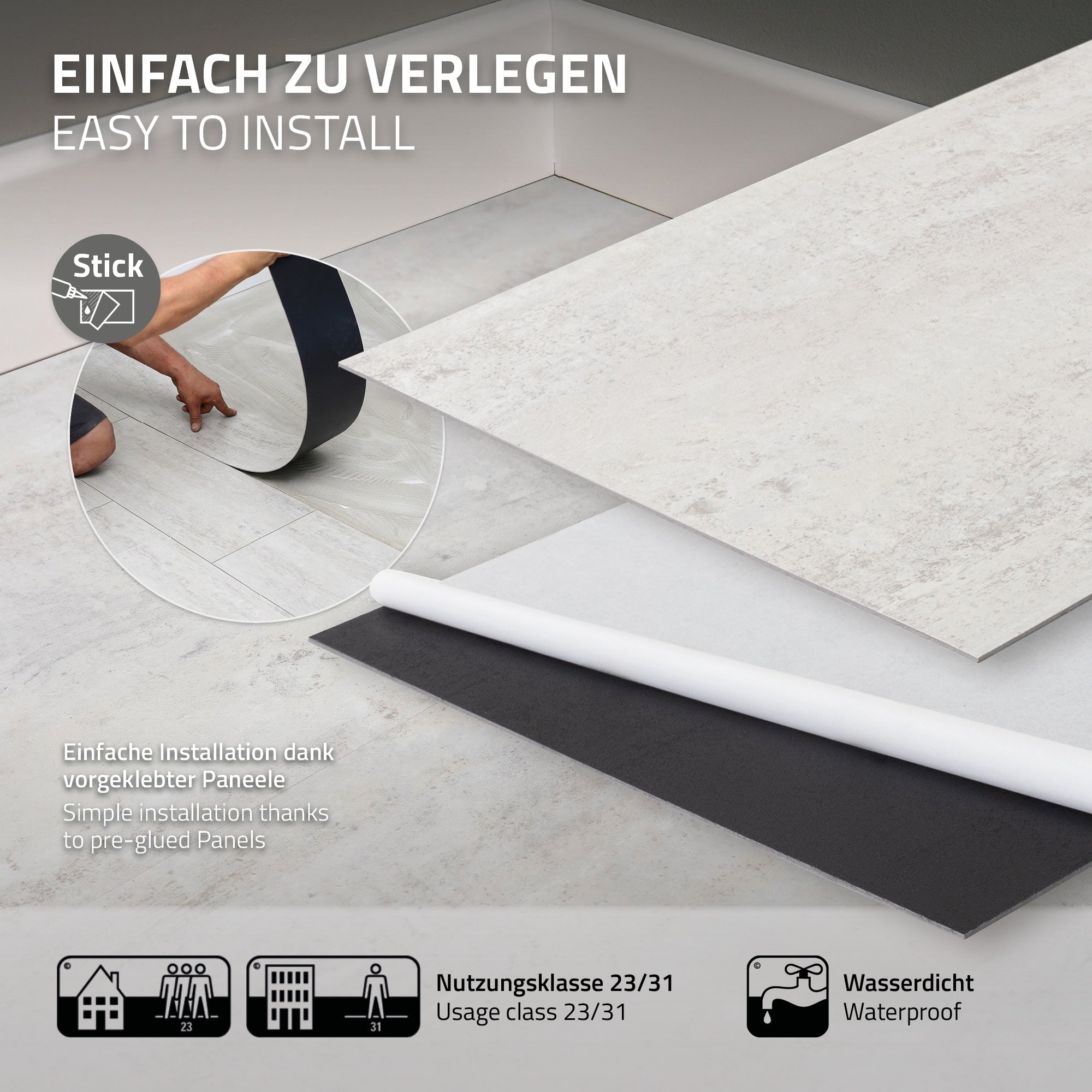 Drei Bodenpaneele in verschiedenen Farben auf einem hellen Untergrund.