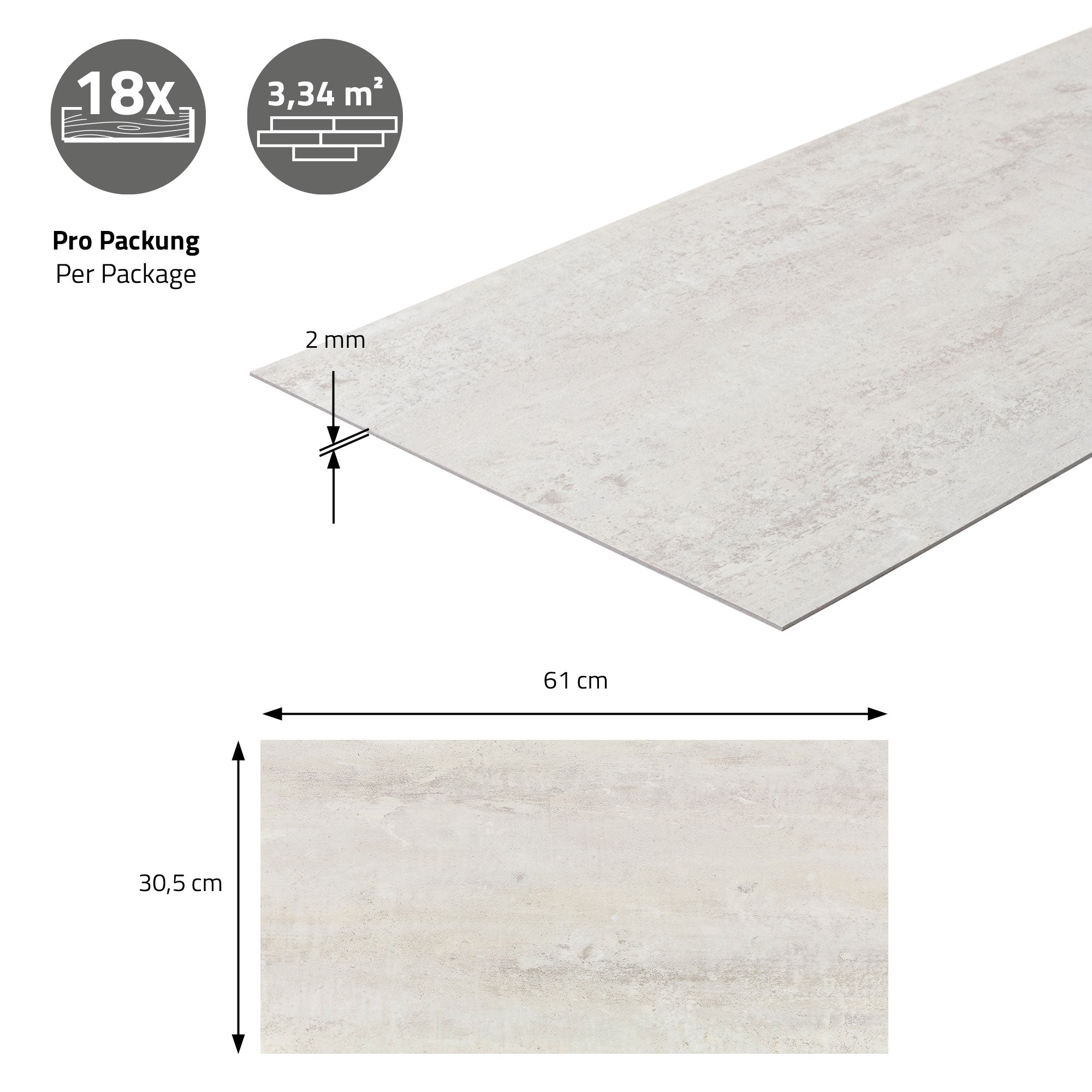 Vinylbodenplatte in hellgrauer Farbe mit Abmessungen 61 x 30,5 cm.