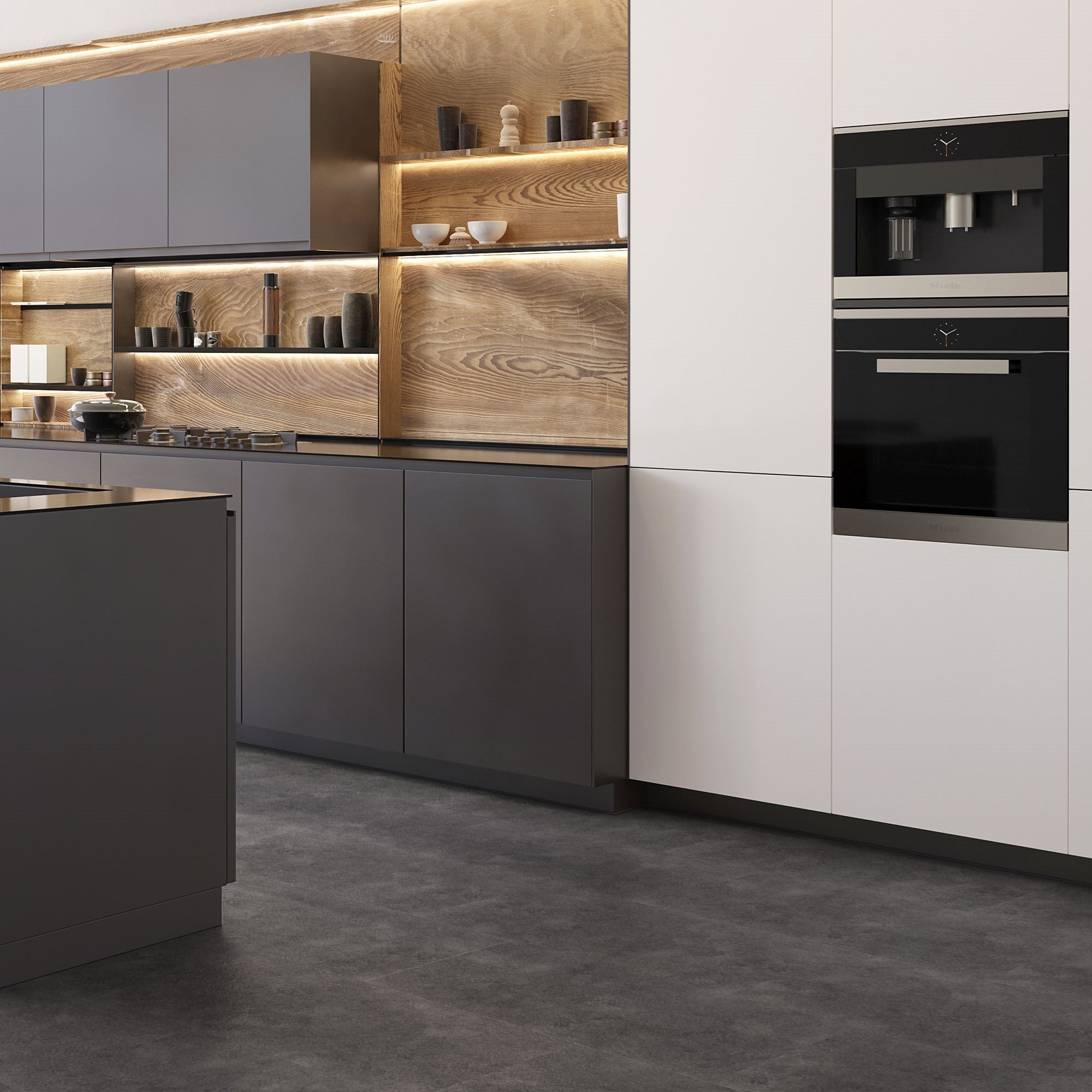 Moderne Küche mit grauem Vinylboden und Holzregalen im Hinterg