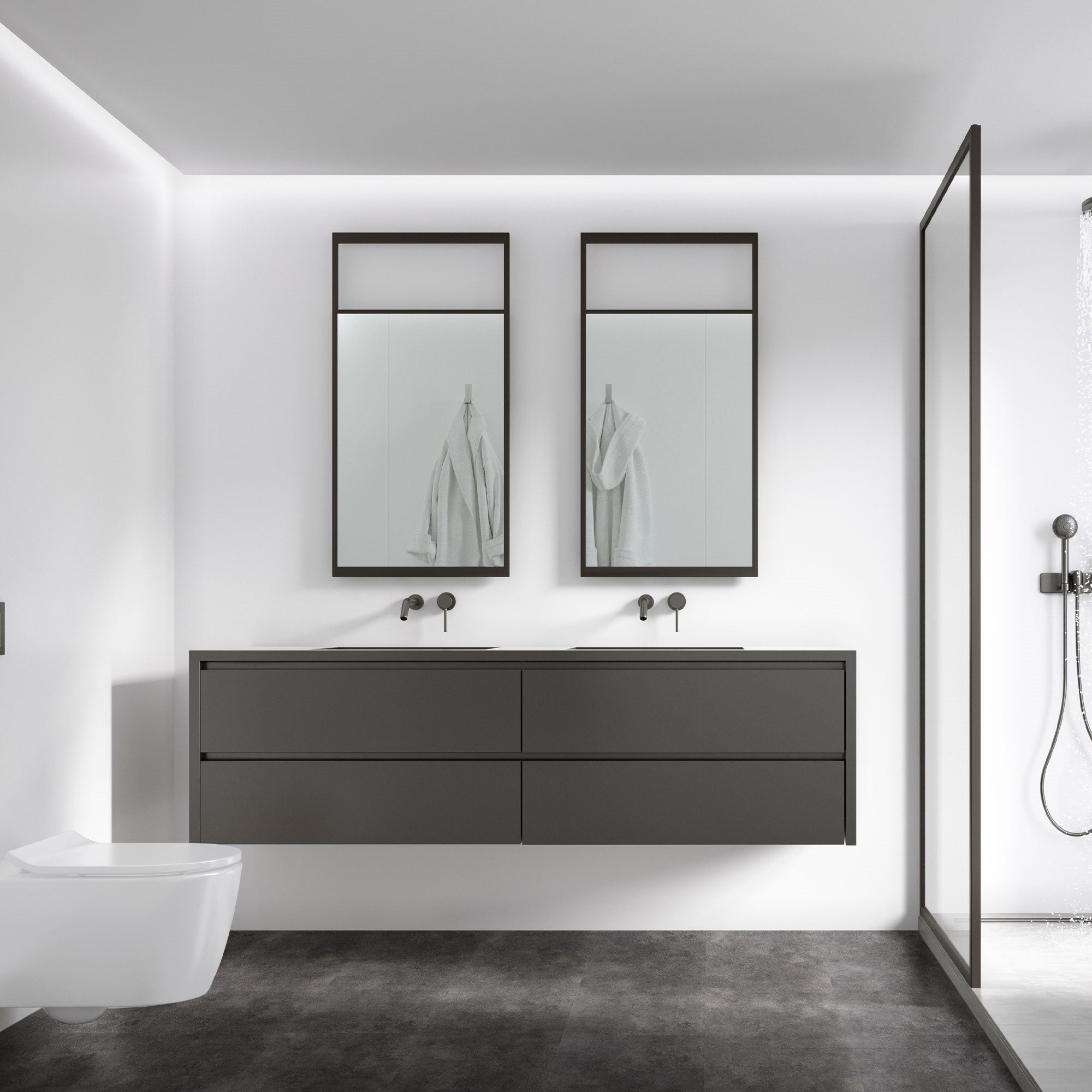 Modernes Badezimmer mit zwei Spiegeln, Waschbecken und Dusche.