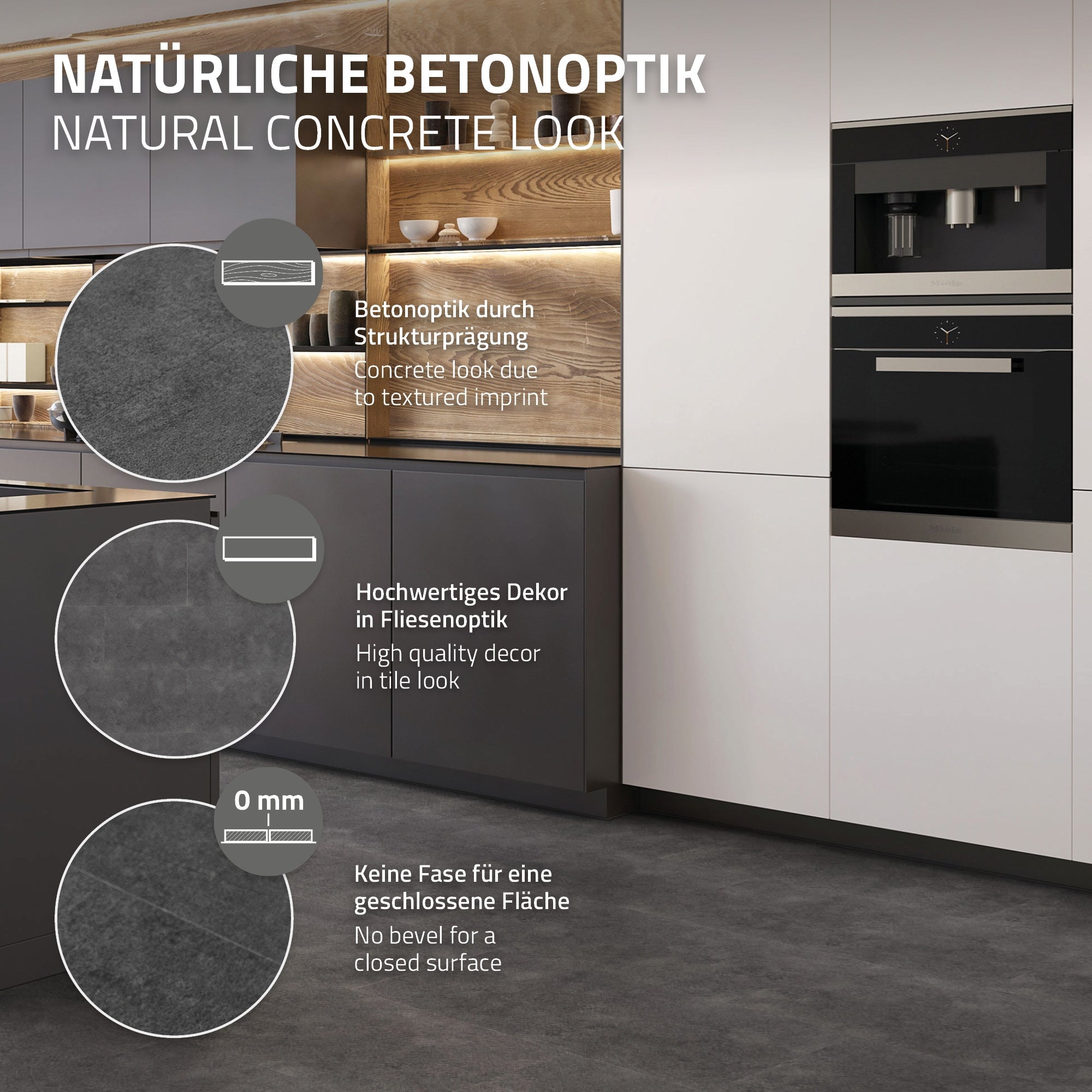 Küchenansicht mit Betonoptik und strukturiertem Dekor.