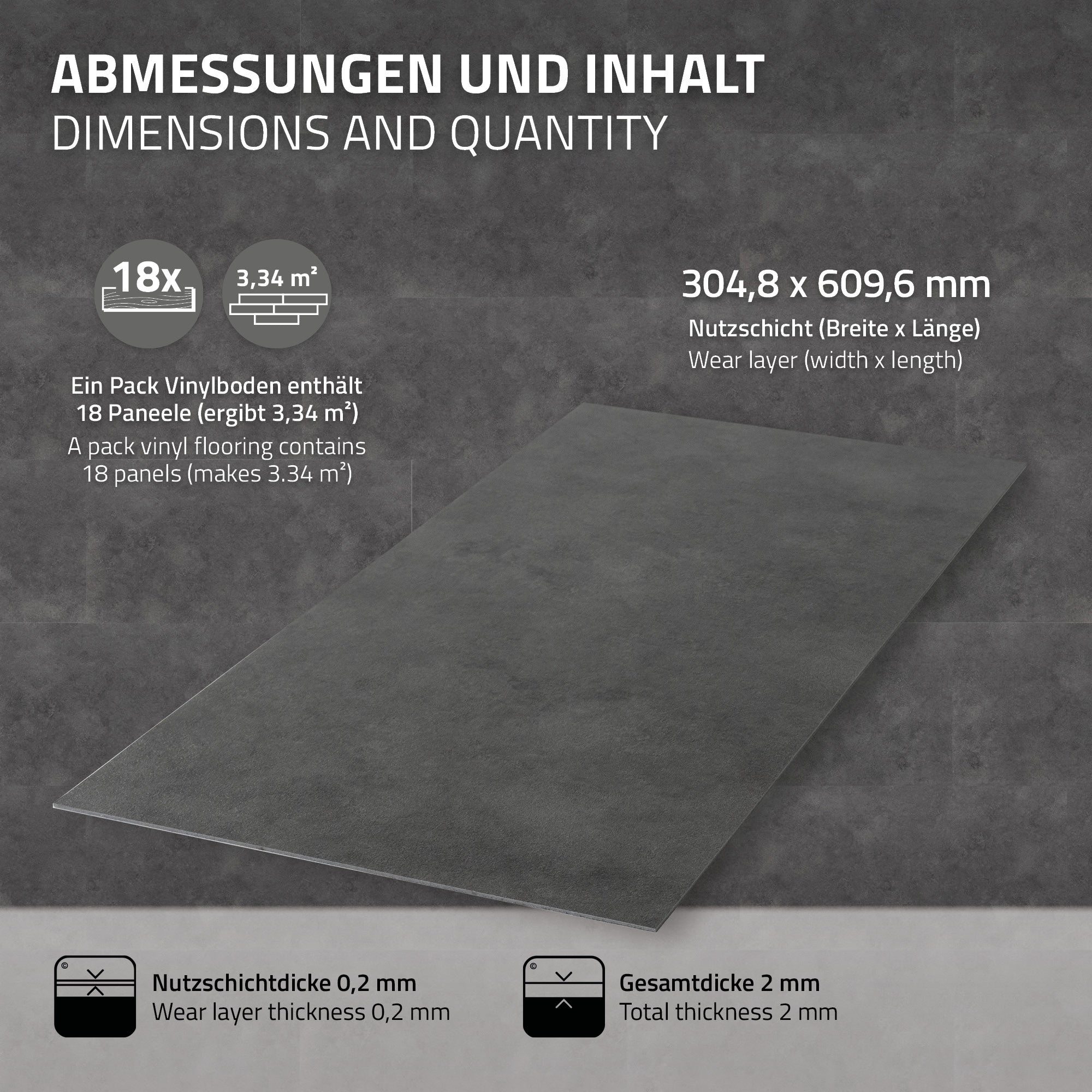 Grafik mit Abmessungen und Inhalt eines Vinylbodens auf grauem
