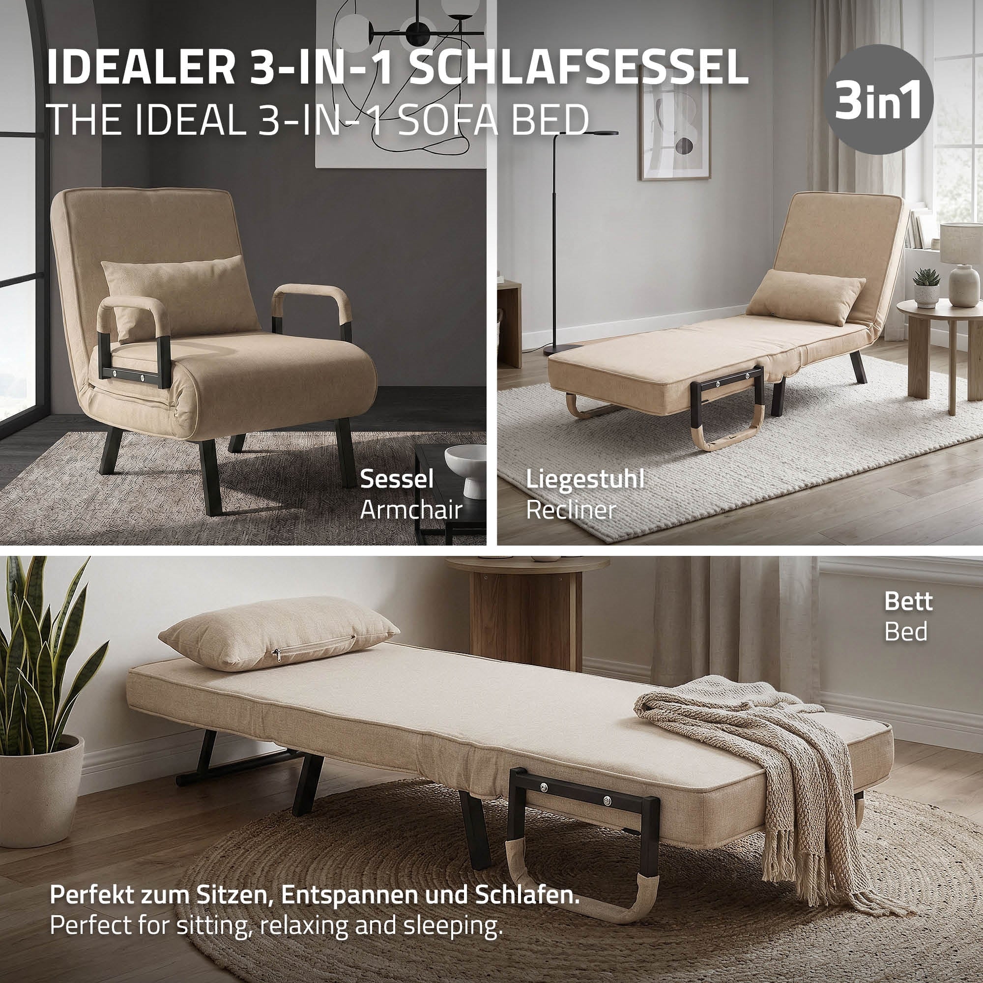 Ein 3-in-1 Schlafsessel in beige, der als Sessel, Liegestuhl und Bett genutzt werden kann.