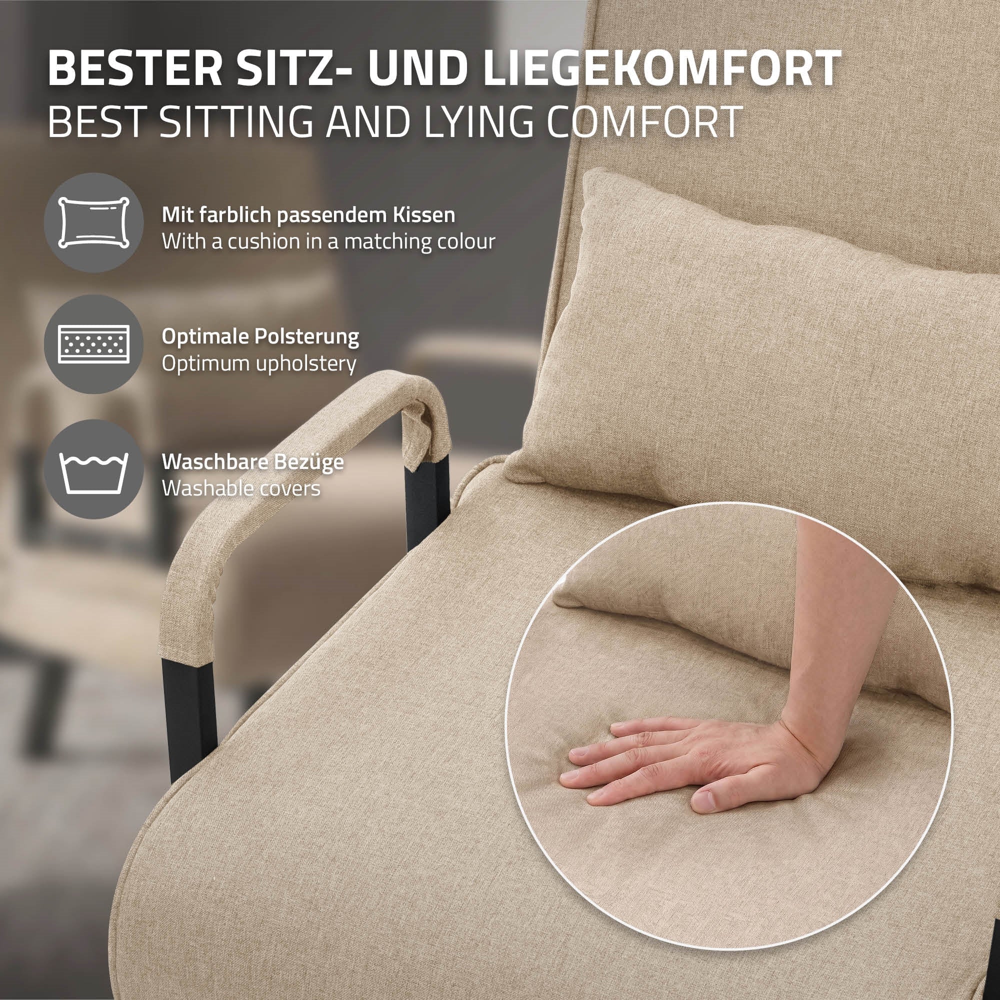Close-up of a beige armchair with cushions and upholstery.