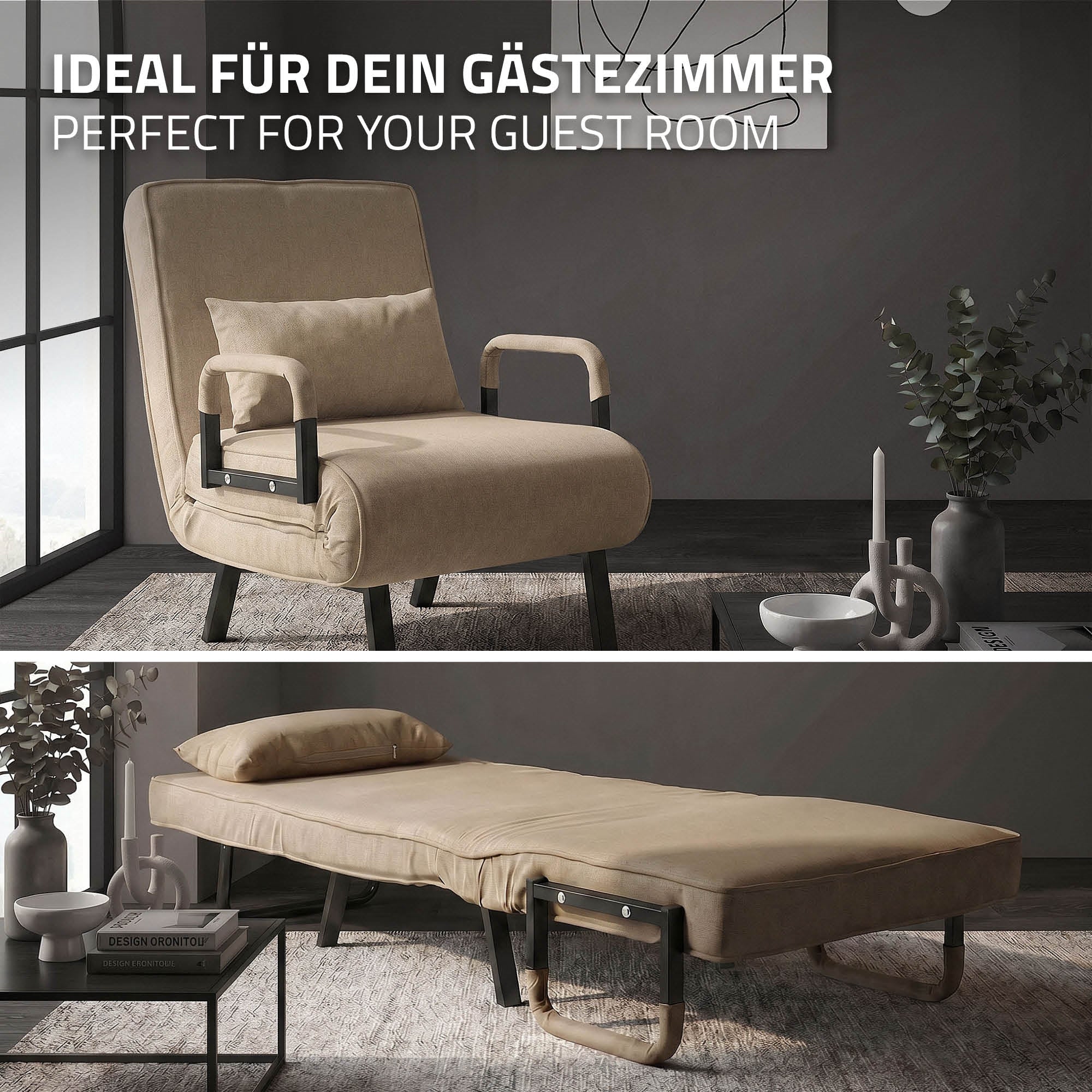 A reclining armchair in various positions: as an armchair, recliner, and bed.