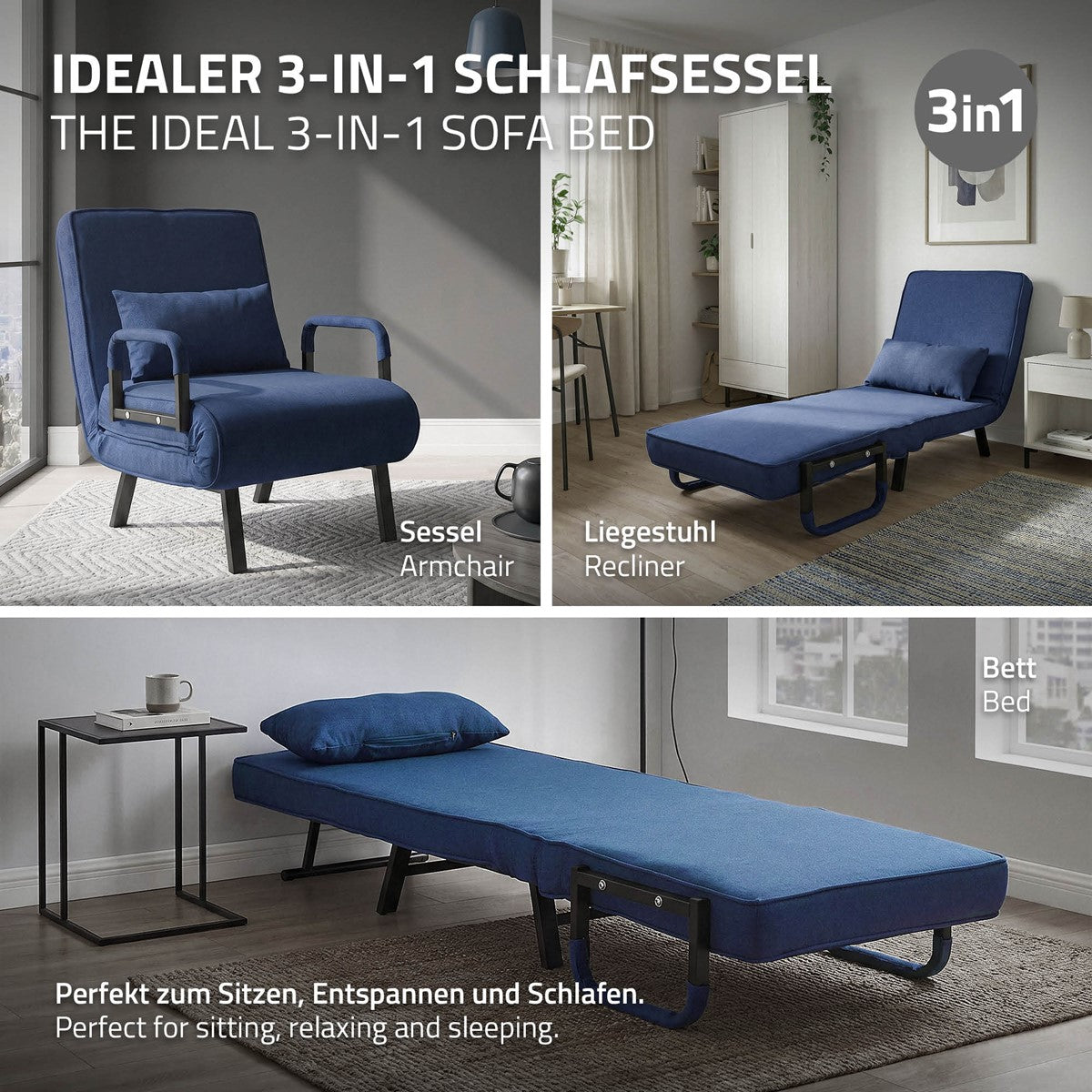 Drei-in-eins Schlafsessel, Armchair, Recliner und Bett in einem.