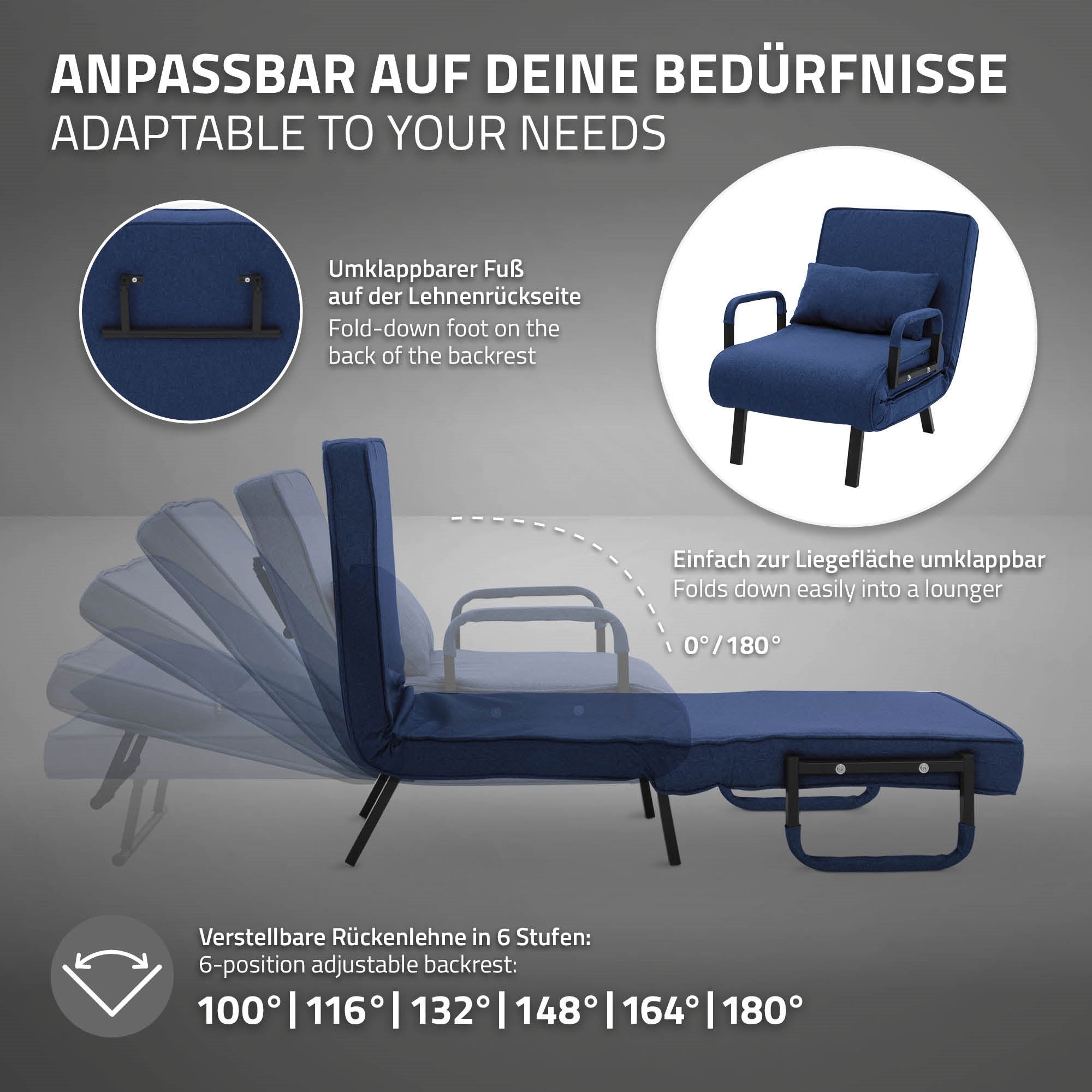 Gráfico de un sillón personalizable que se puede plegar en una tumbona.