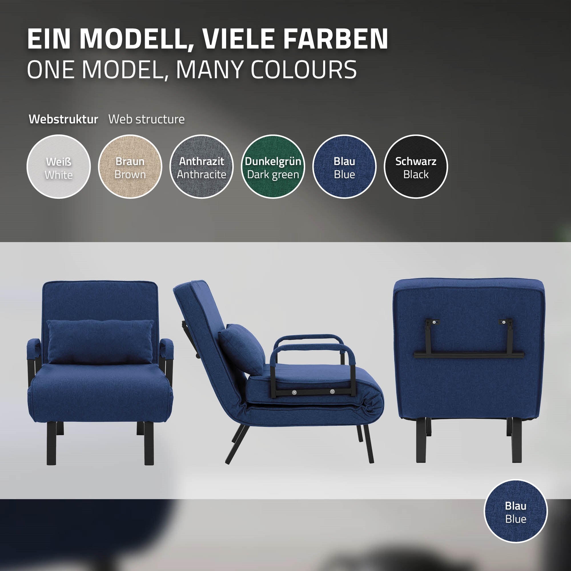 Un sillón azul con varias opciones de color sobre un fondo claro.