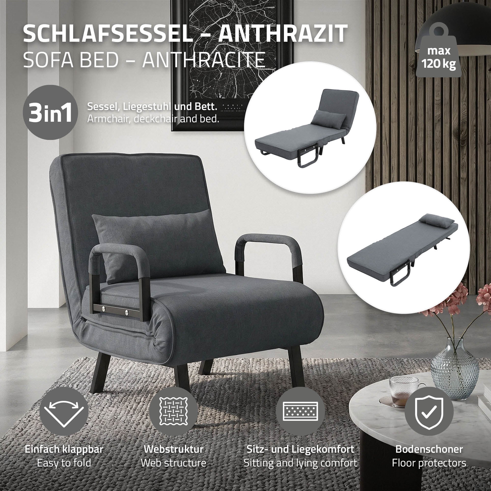 Anthrazitfarbener Schlafsessel mit Liegefunktion, Armlehnen und Tisch im Hintergrund.