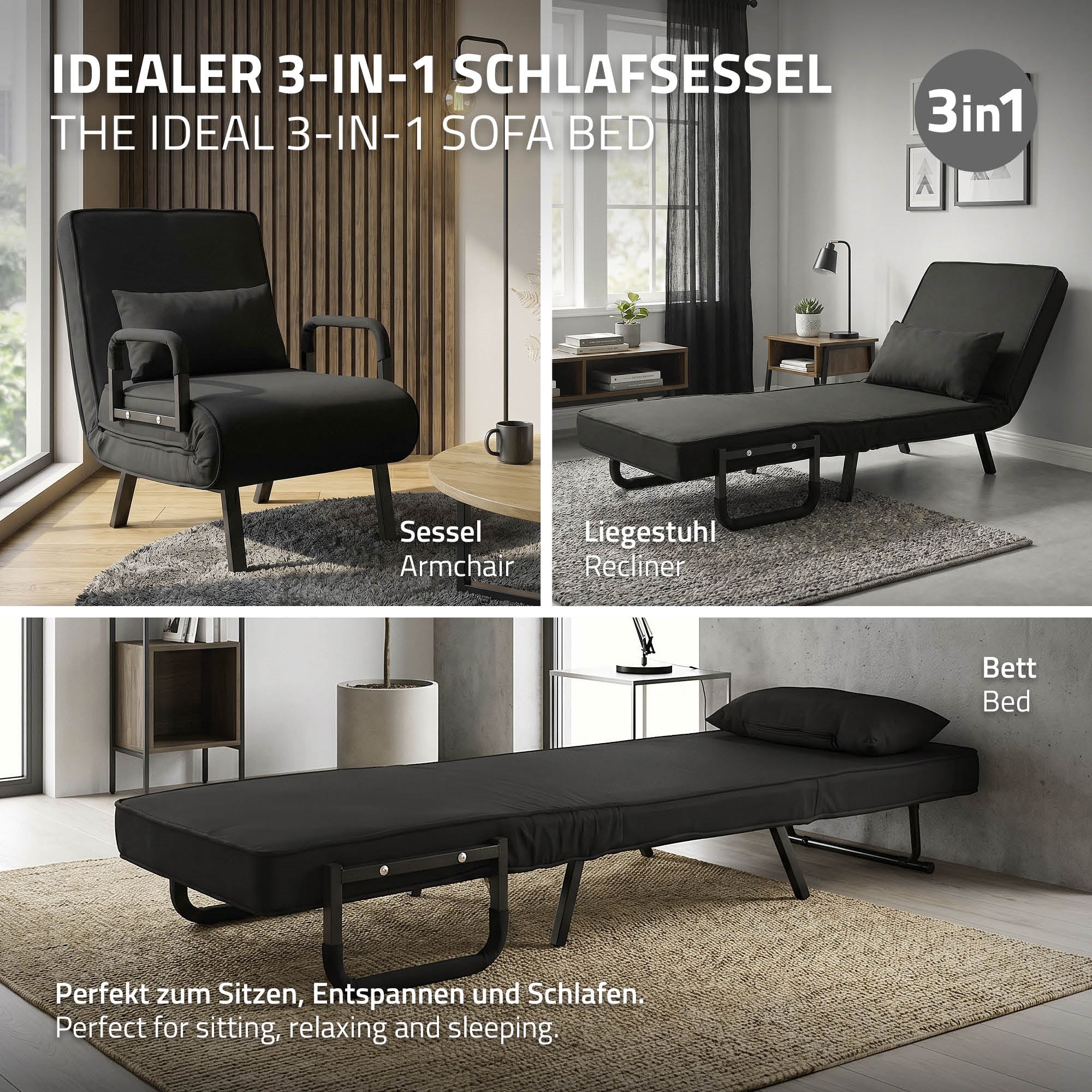 A 3-in-1 sleeping armchair, recliner, and bed in a bright room.