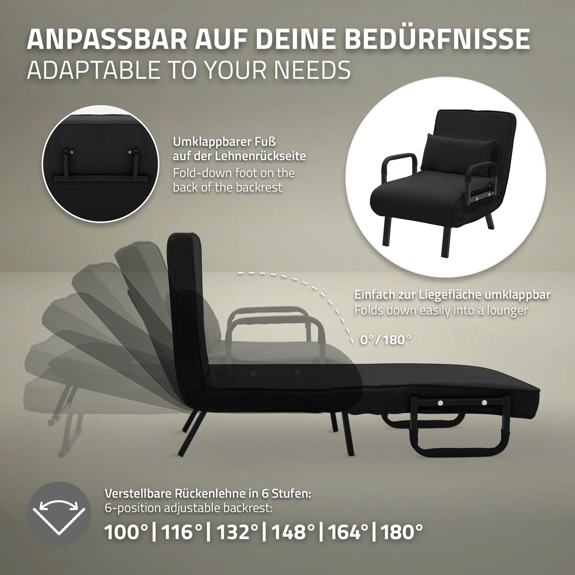 Schwarzer Schlafsessel mit verstellbarer Rückenlehne in verschiedenen Positionen.