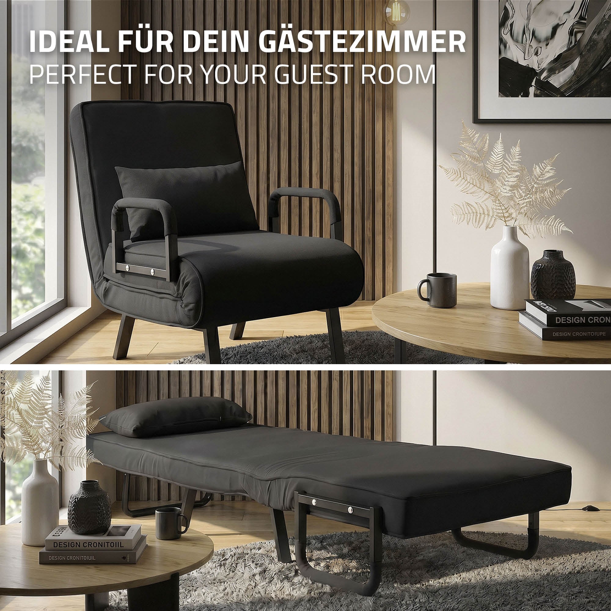 Black armchair that has been converted into a bed, in a modern room.