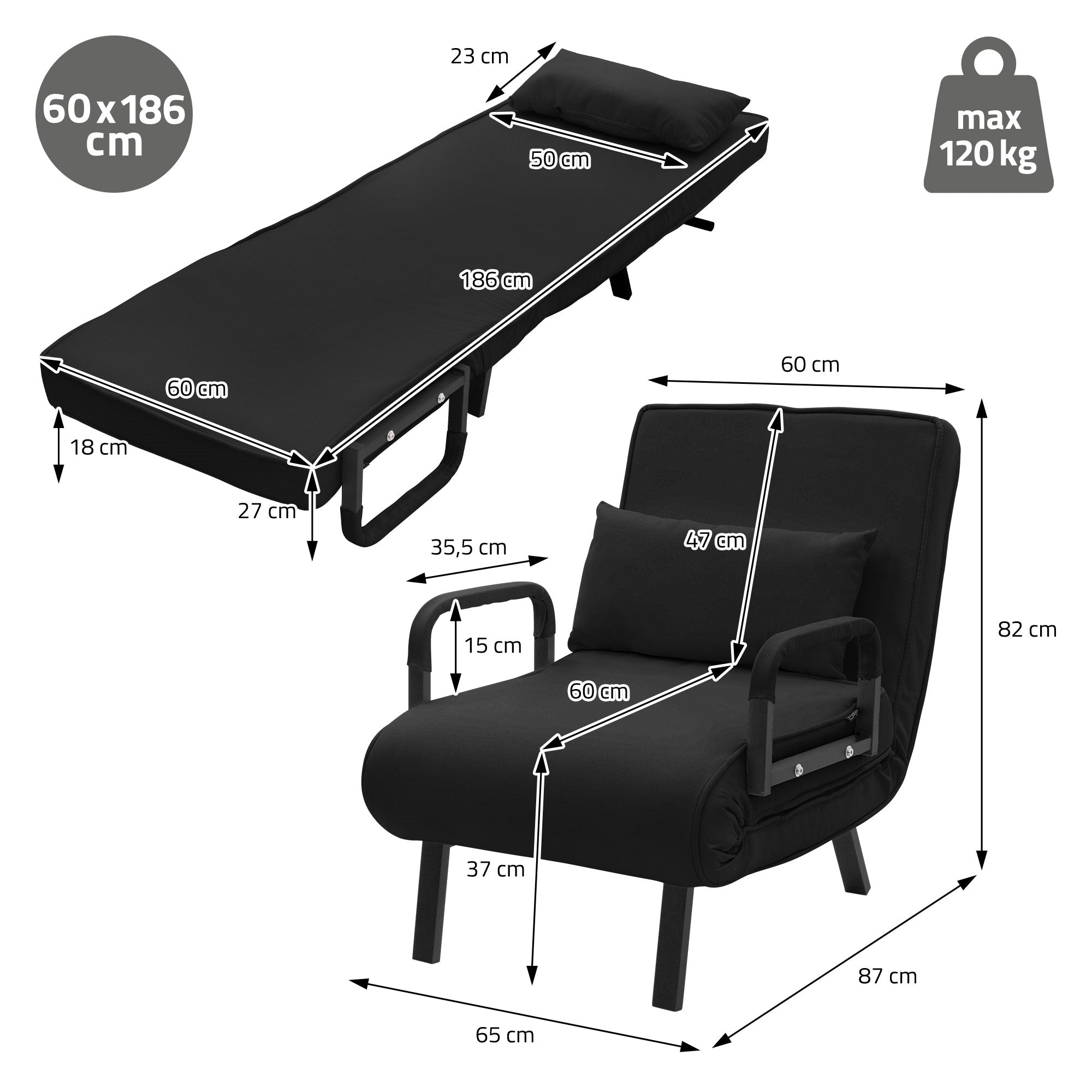 Black armchair with reclining function, dimensions and weight capacity specified.