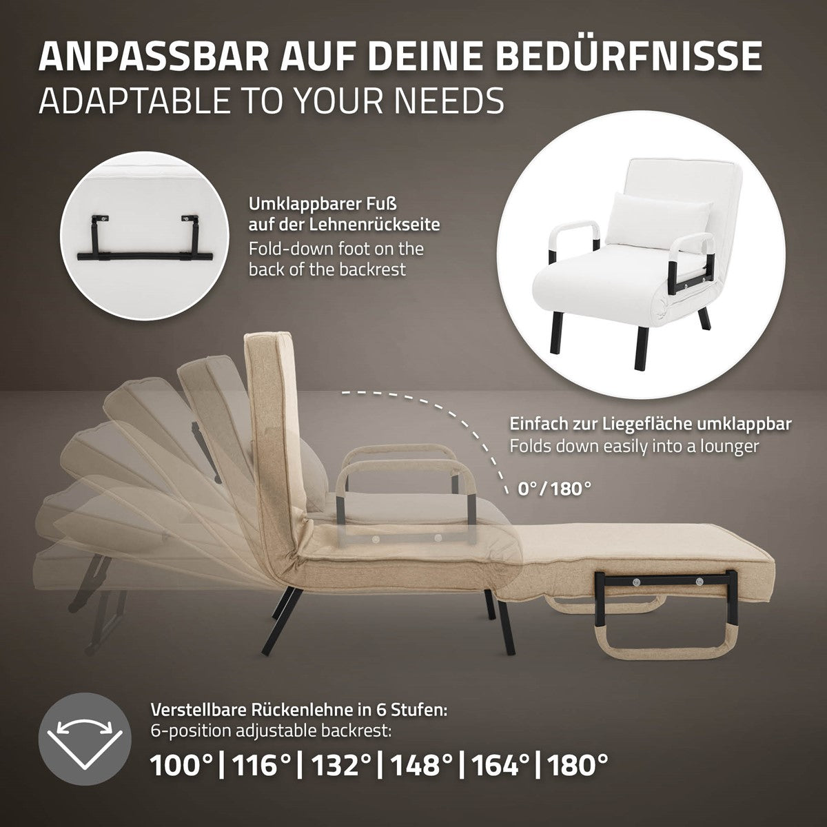 Weißer Schlafsessel mit verstellbarer Rückenlehne in verschiedenen Positionen.