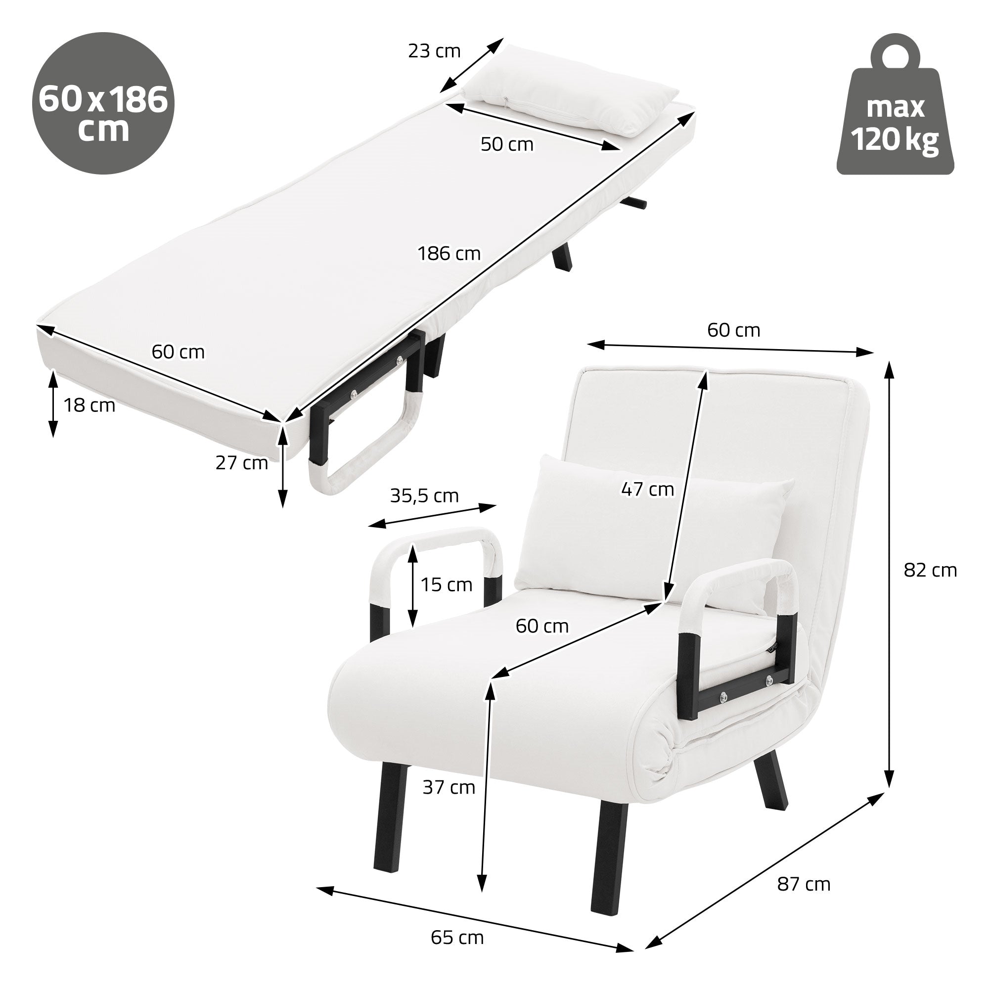 White armchair with reclining function, dimensions and weight capacity specified.
