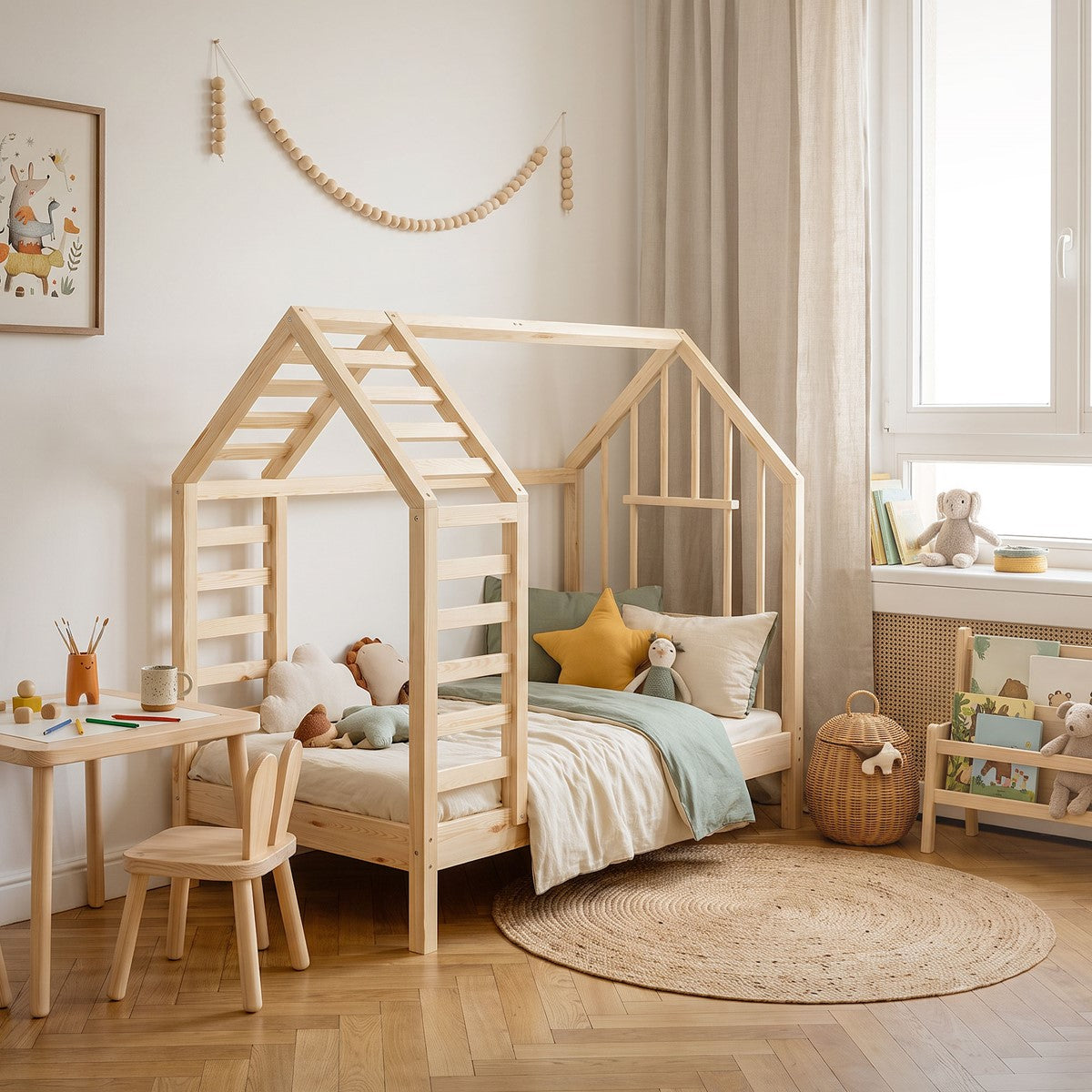 Holz-Kinderbett in Hausform mit Kissen und Spielzeug im gemütlichen Raum.