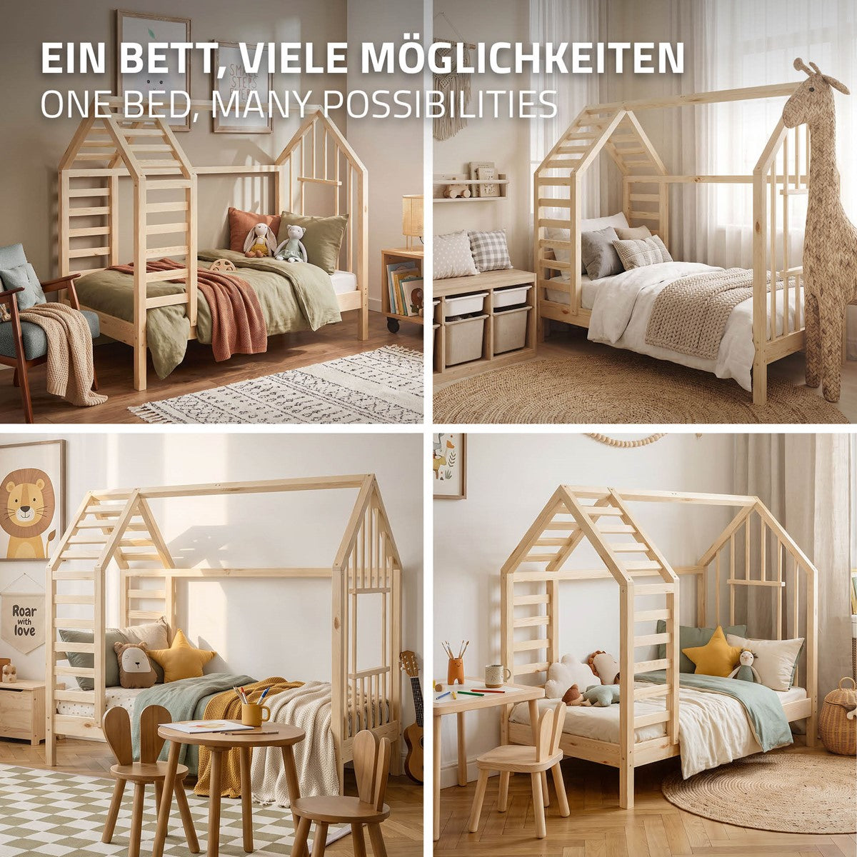 Ein Bett in Form eines Hauses mit Spielzeug und Dekoration.