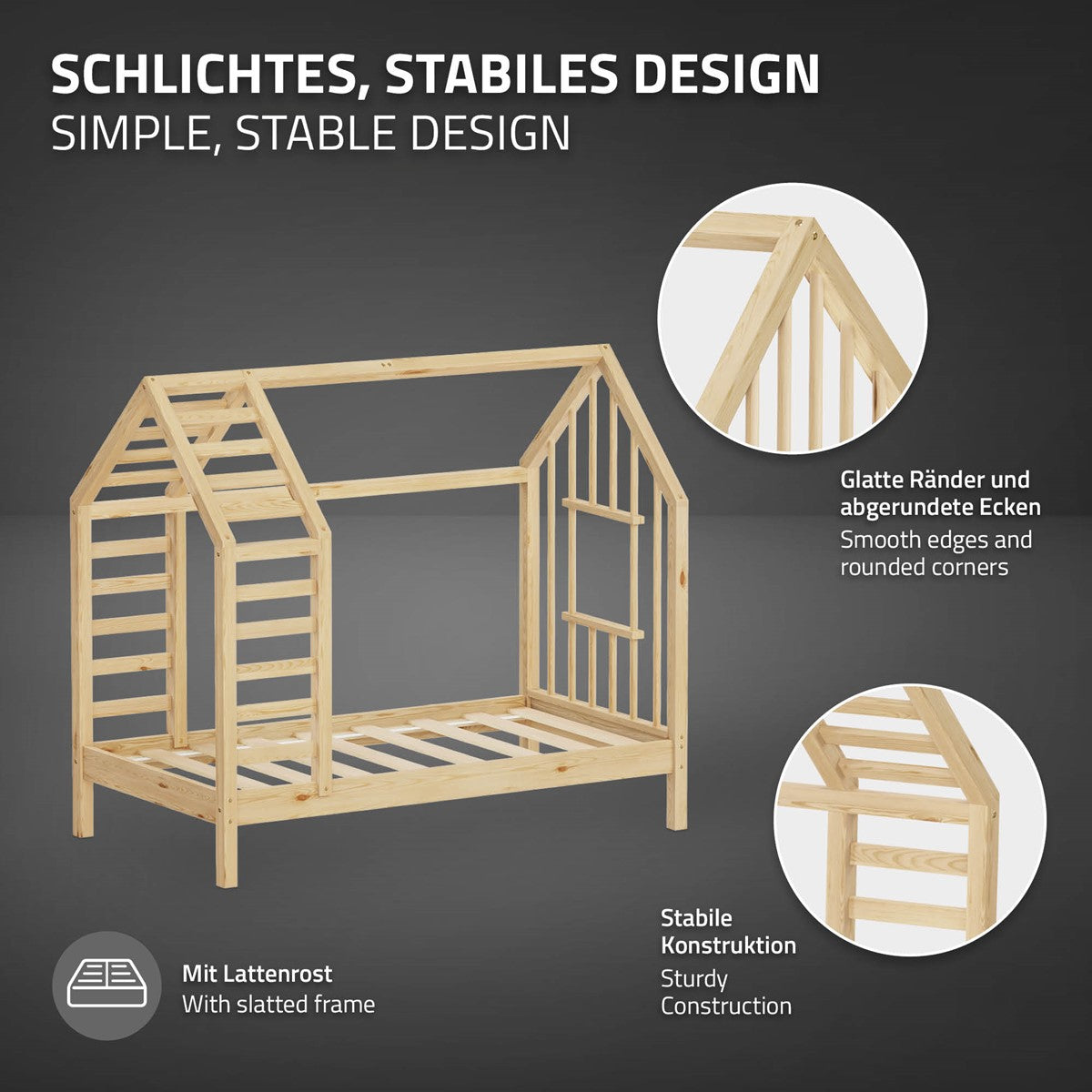 Holz-Kinderbett in Hausform mit stabiler Konstruktion und glatten Kanten.