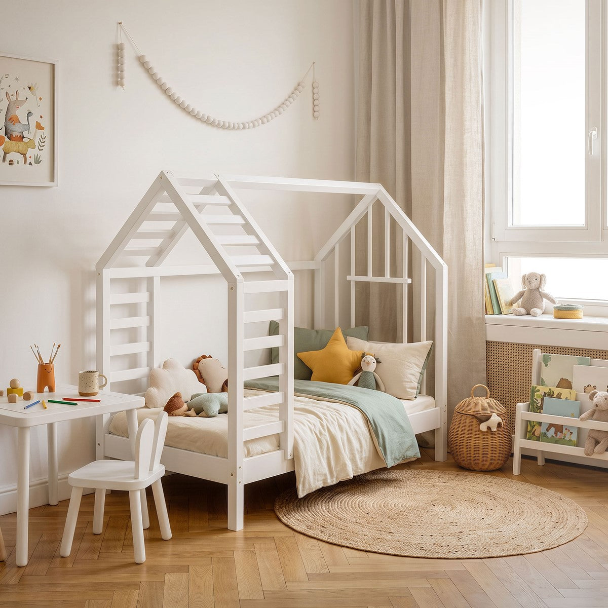Weißes Bett in Hausform, gemütlich dekoriert mit Kissen und Spielzeug.