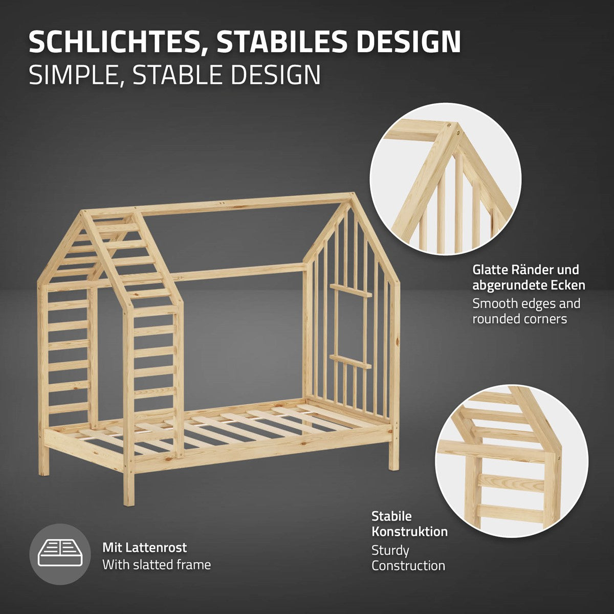 Holz-Kinderbett in Hausform mit stabiler Konstruktion und glatten Kanten.
