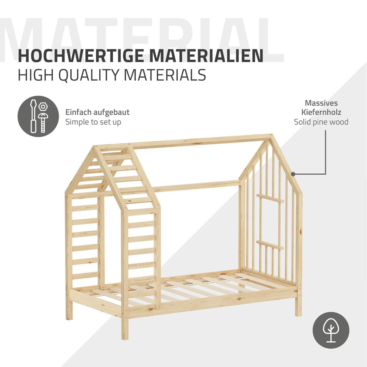 Holzrahmenbett in Hausform mit Leiter, aus massivem Kiefernholz.
