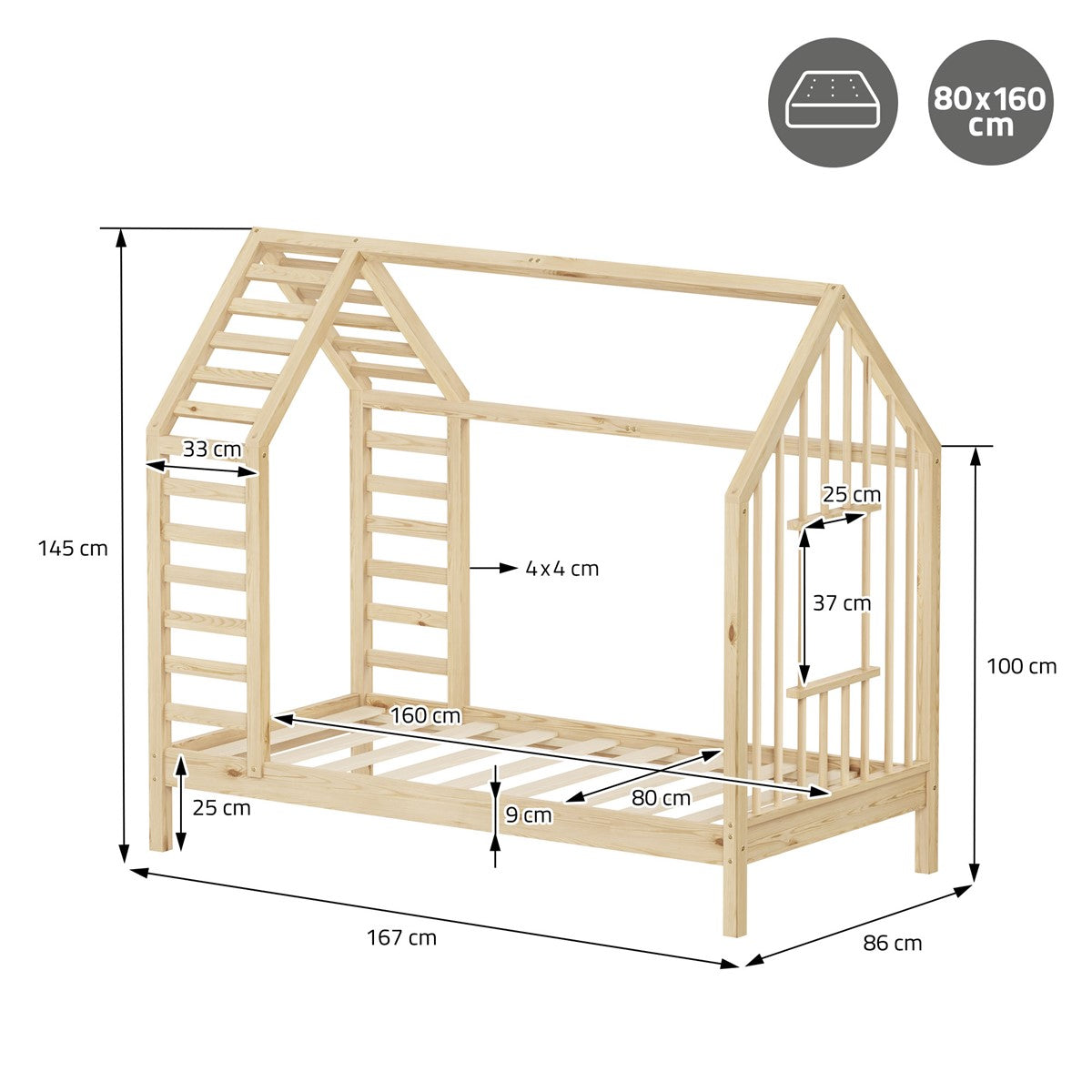 Holzbett in Hausform mit Maßangaben und Abmessungen.