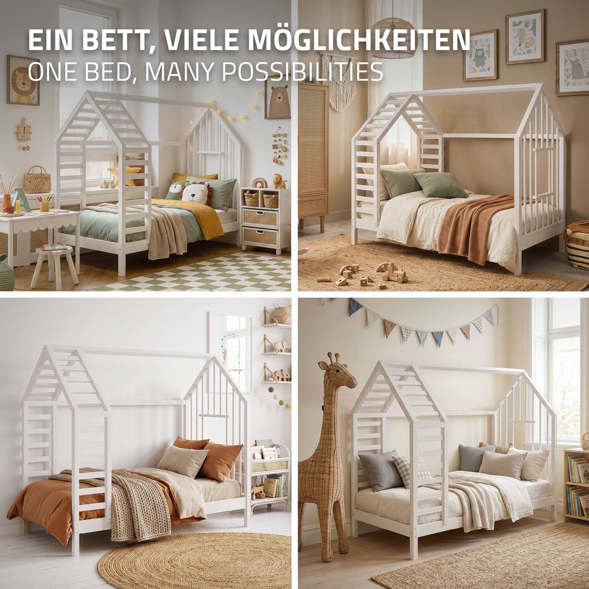 Verschiedene Ansichten eines Kinderbettes in einem dekorierten Raum.