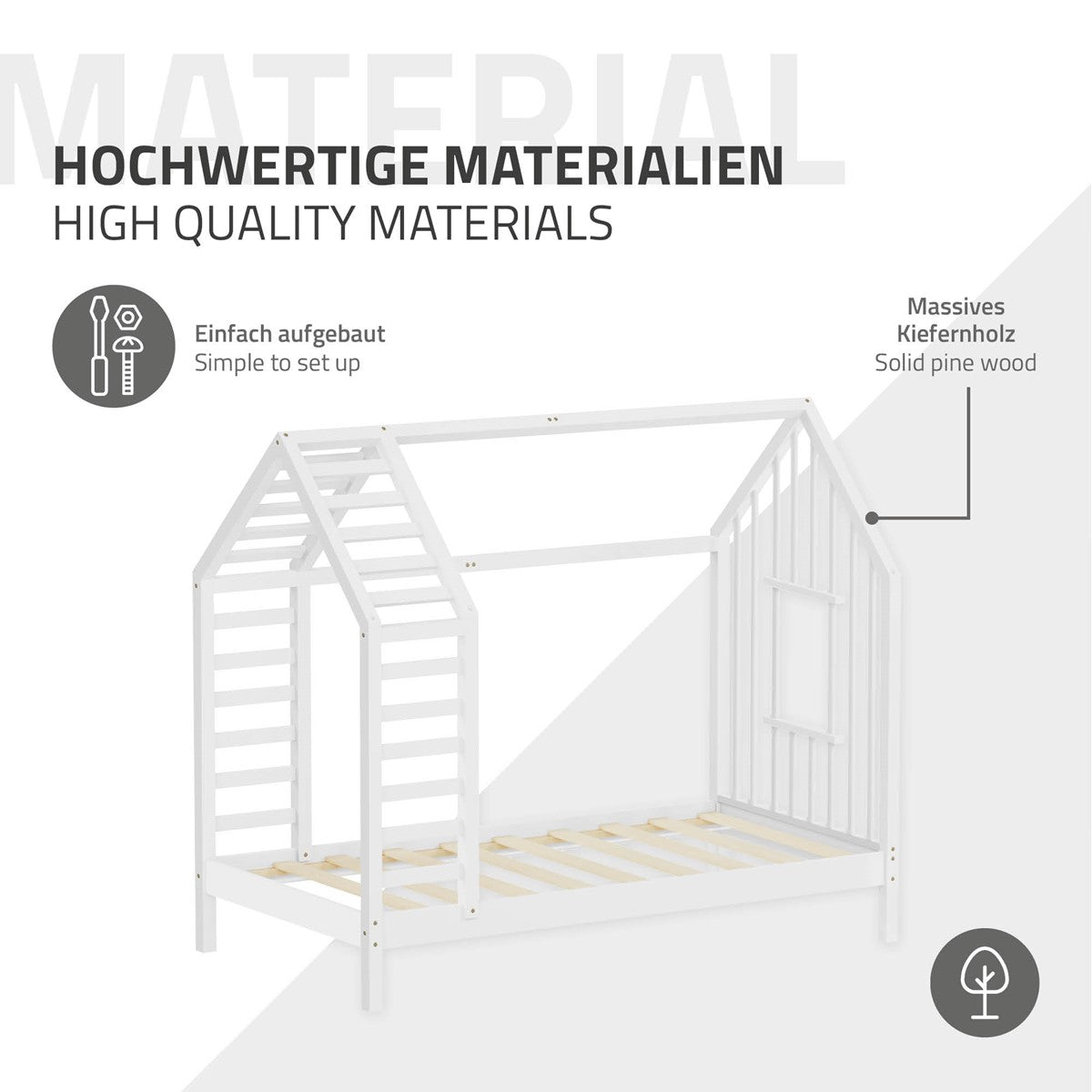Weißes Holzbett in Hausform, einfach aufzubauen, aus massivem Kiefernholz.
