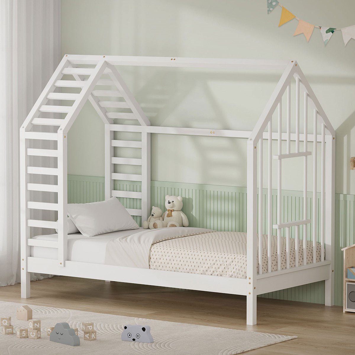 A child’s bed in a bright room with toys and decorations.