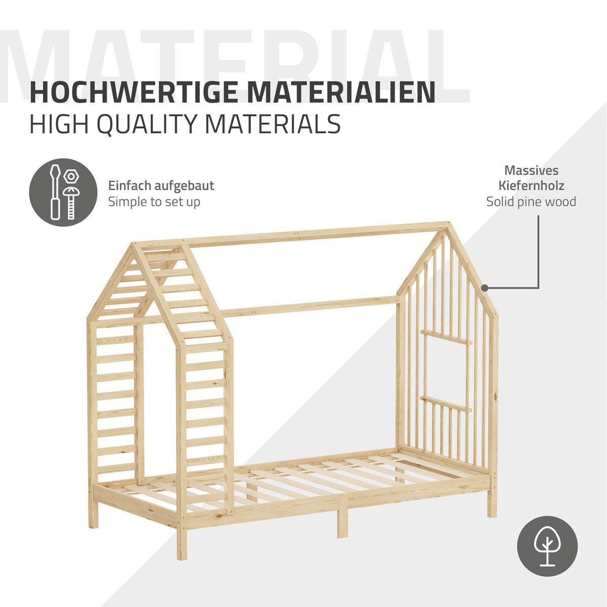 Bettgestell aus massivem Kiefernholz, einfach aufzubauen.