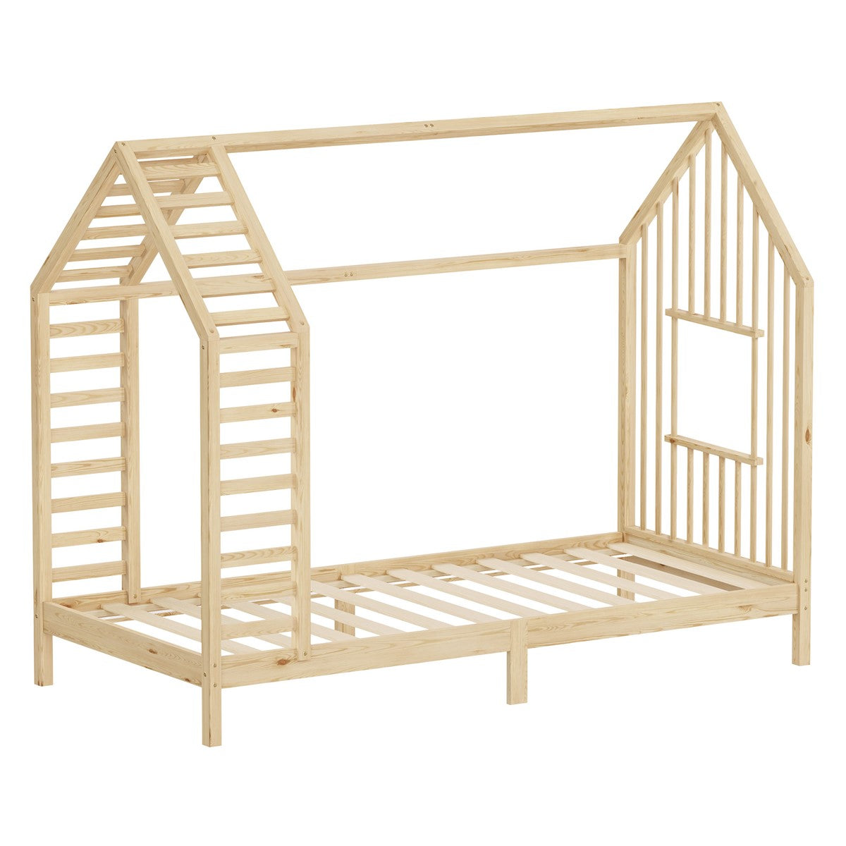 Holzgestell eines Kinderbettes in Hausform, unbehandelt.