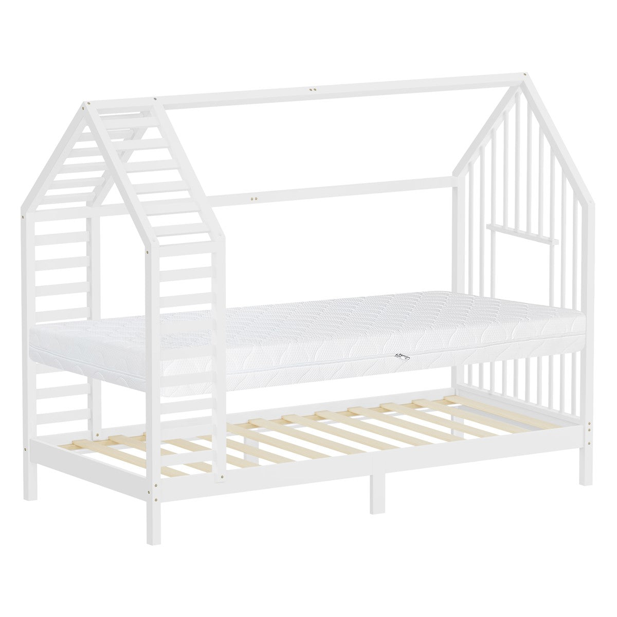Bett im Hausdesign mit Matratze, Holzlattenrost und weißem Rahmen.