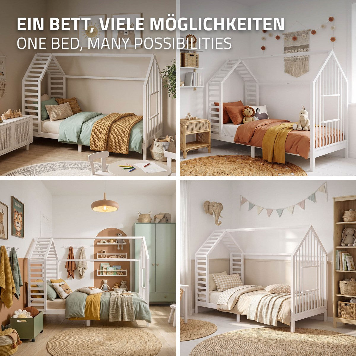 Vier Bilder eines Kinderzimmers mit einem Bett in verschiedenen Varianten.
