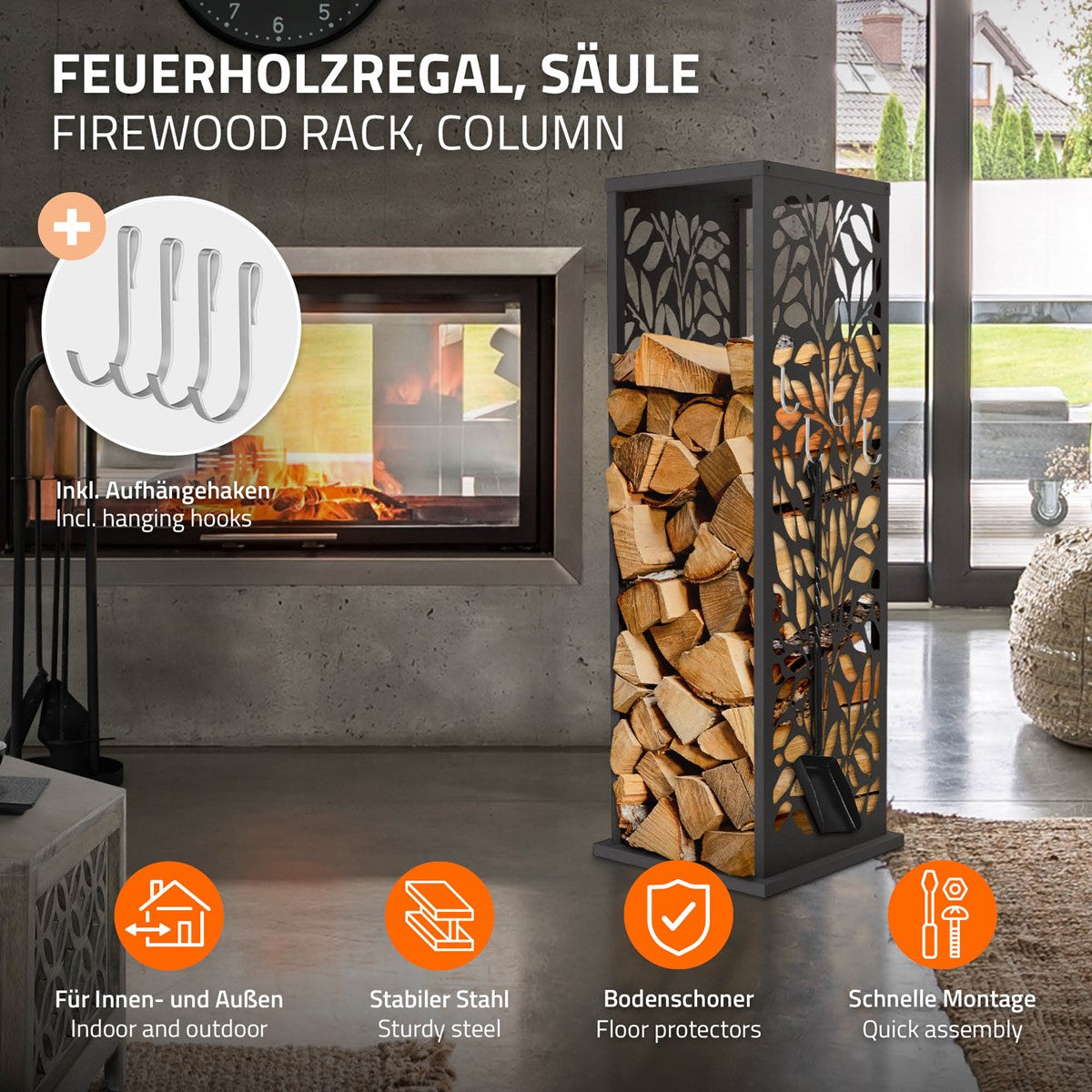 Ein Holzregal mit dekorativen Elementen und Holzstapeln.