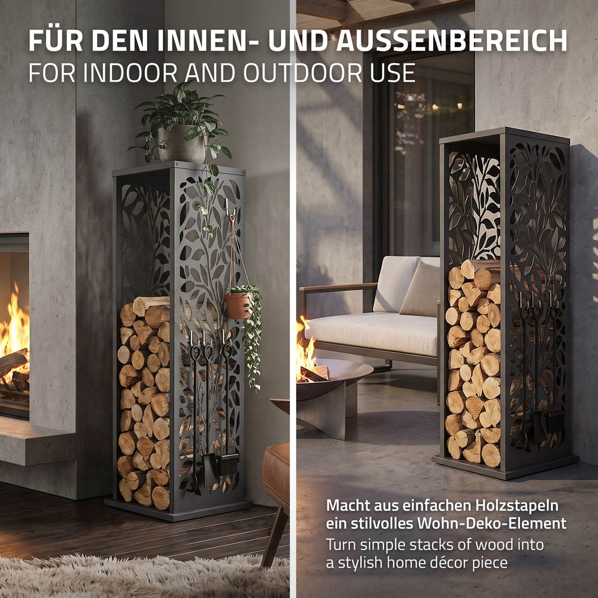 Holzregal für Innen- und Außenbereich mit Holzstapel und dekorativem Design.