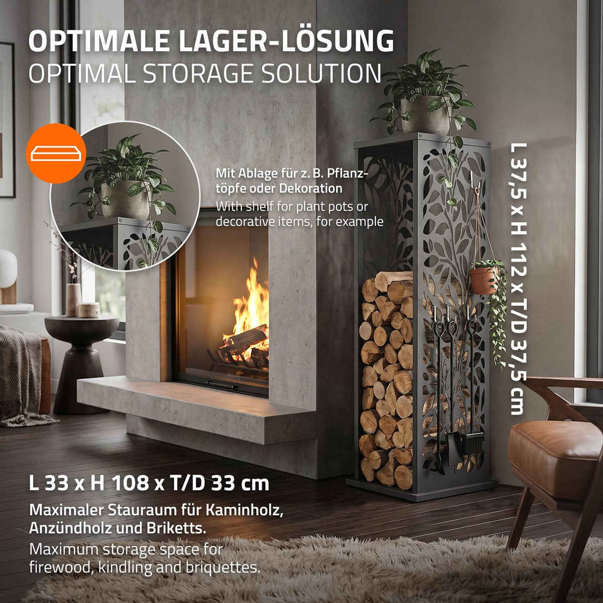 Holzlager mit Pflanzenmotiven, aus verzinktem Stahl.