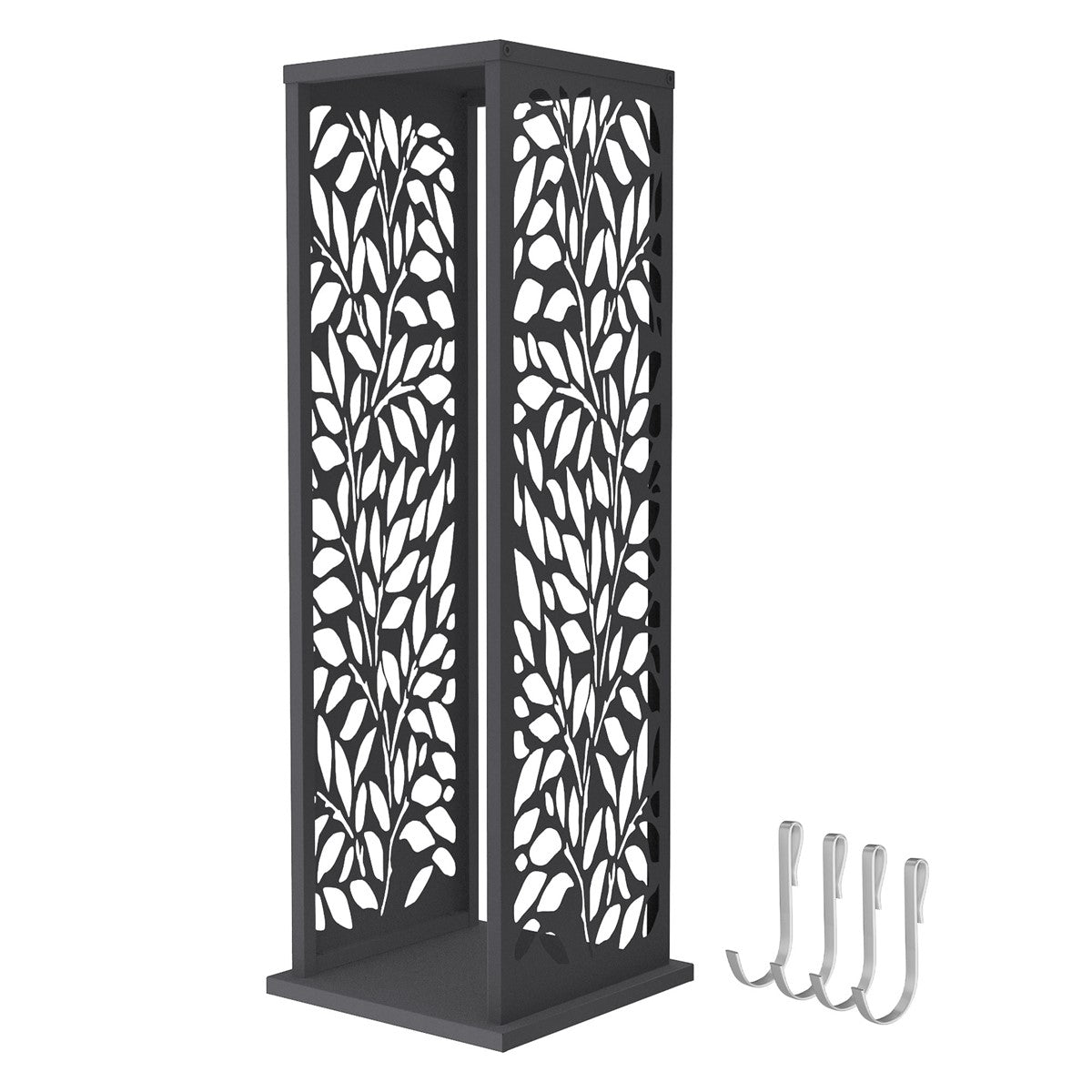 Schwarzes Holzlager mit dekorativem Design und Haken.