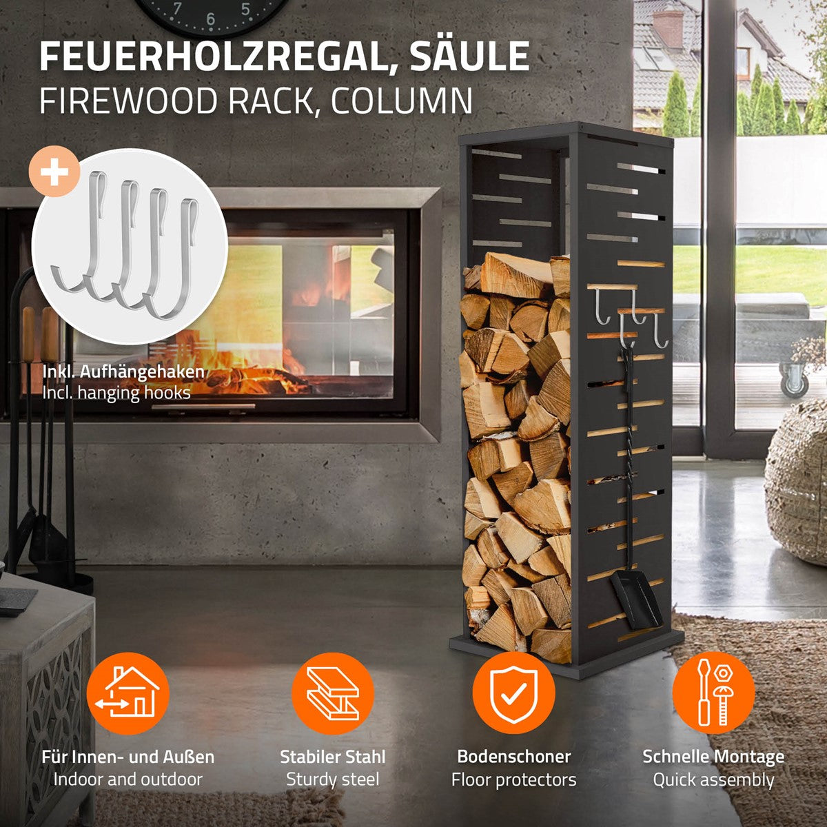 Holzregal mit Haken und Informationen zur Montage.