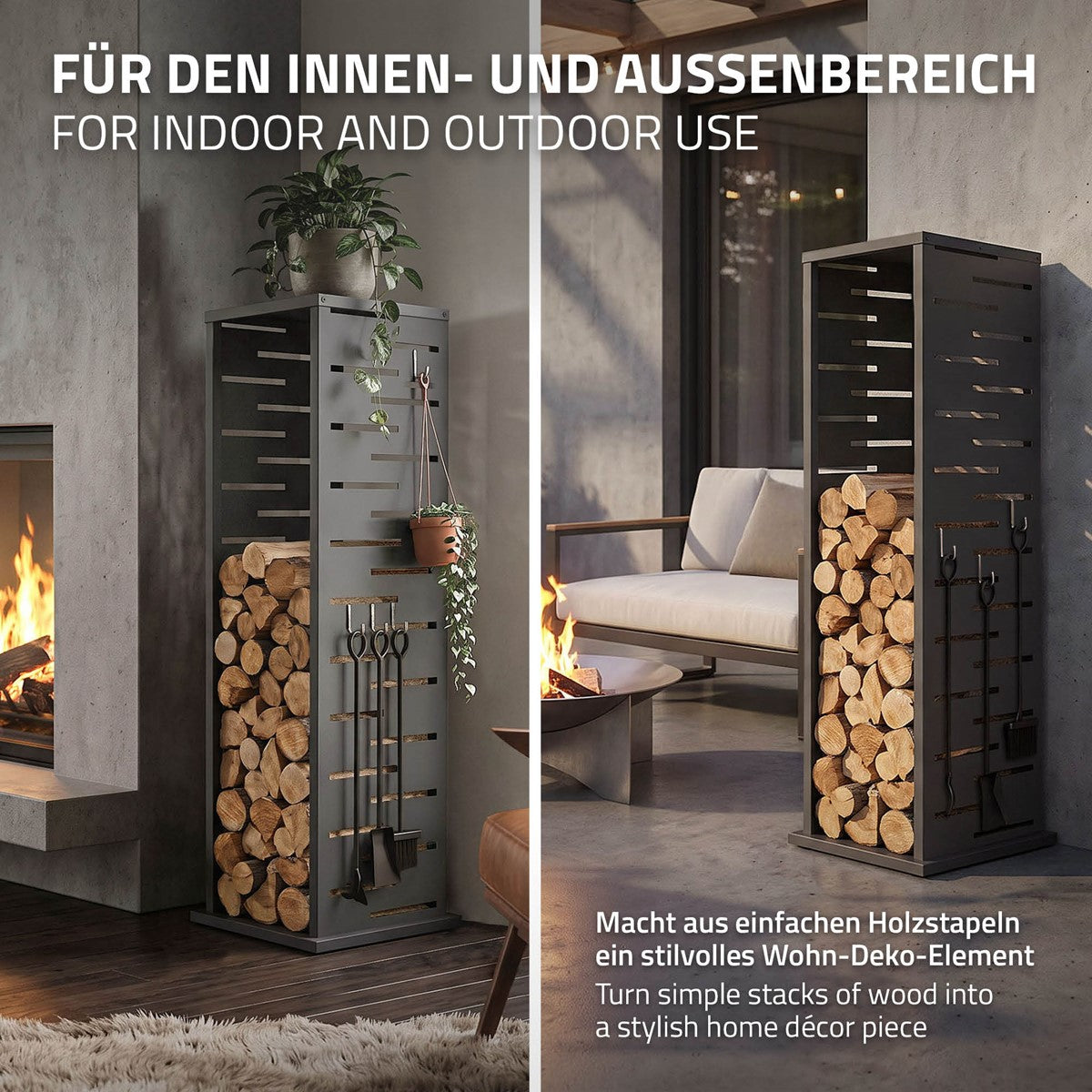 Holzstapel mit Kaminwerkzeugen, geeignet für Innen- und Außenbereich.