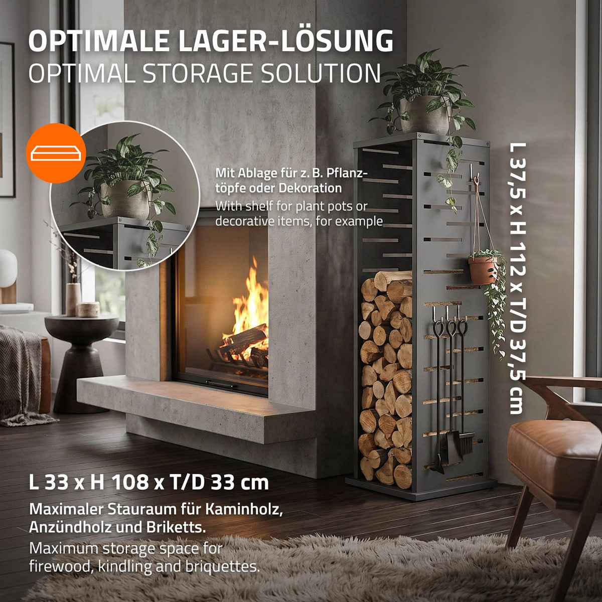 Holzregal neben einem Kamin mit Abmessungen und Stauraum.