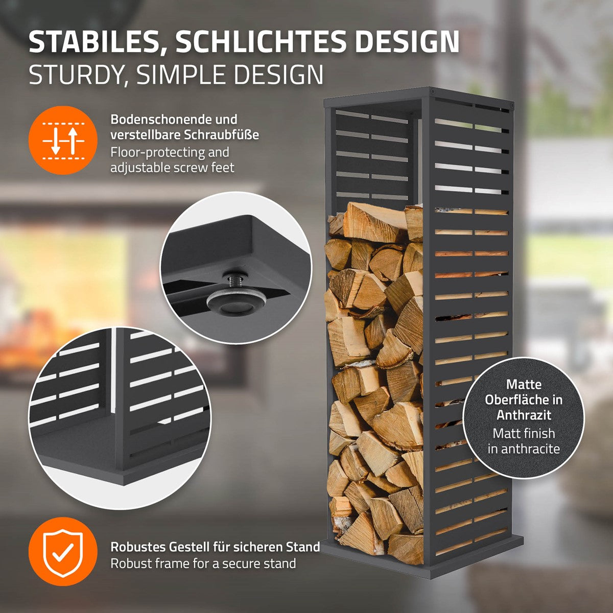 Detailansicht eines stabilen Holzregals mit Schraubfüßen.