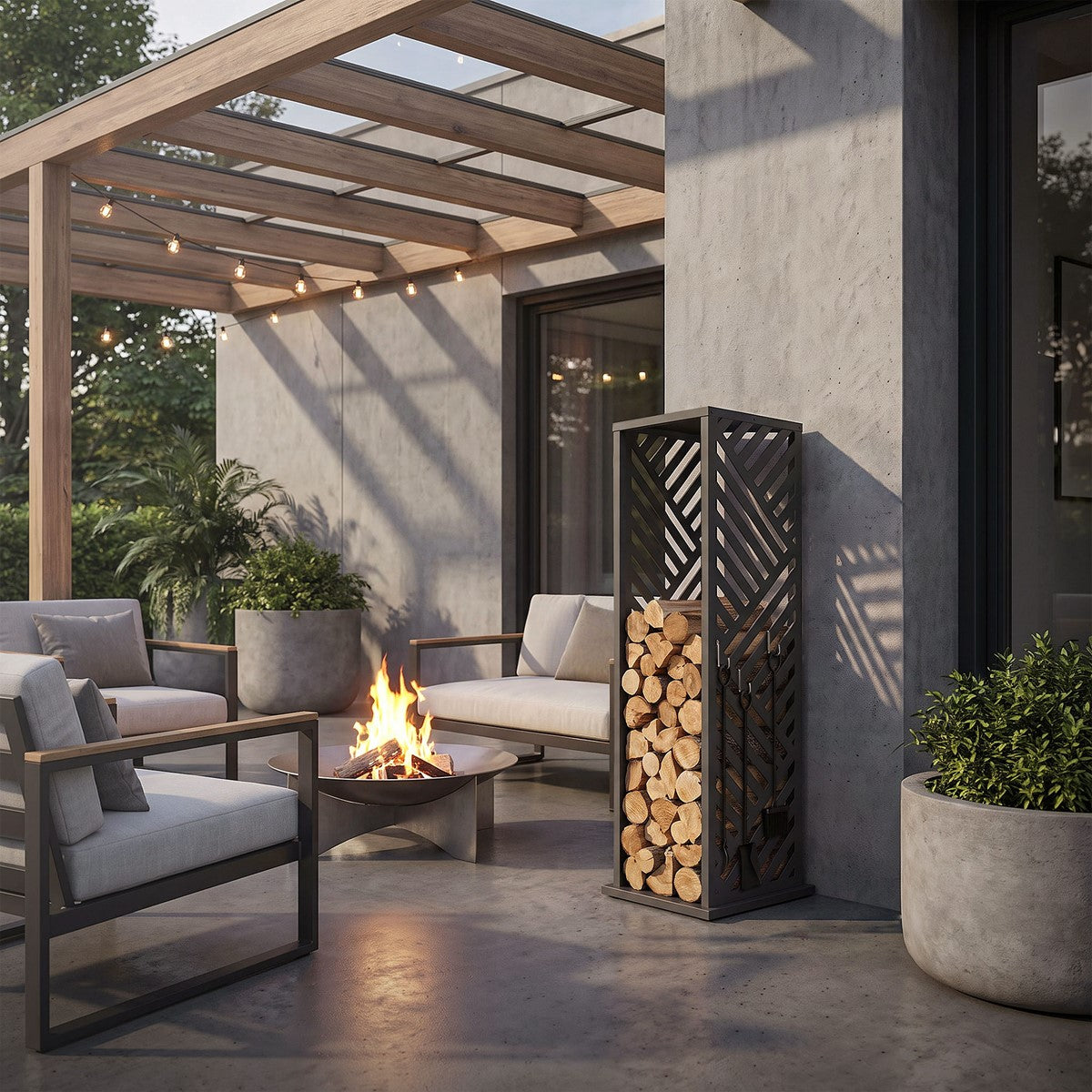 Terrasse mit Holzregal, Feuerstelle und Sitzgelegenheiten unter einem Vordach.