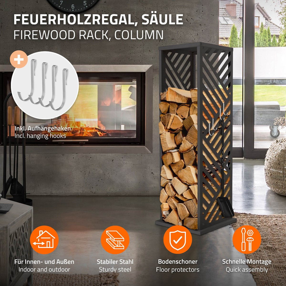 Holzregal mit Holzstapel und Haken, vor einem Kamin.